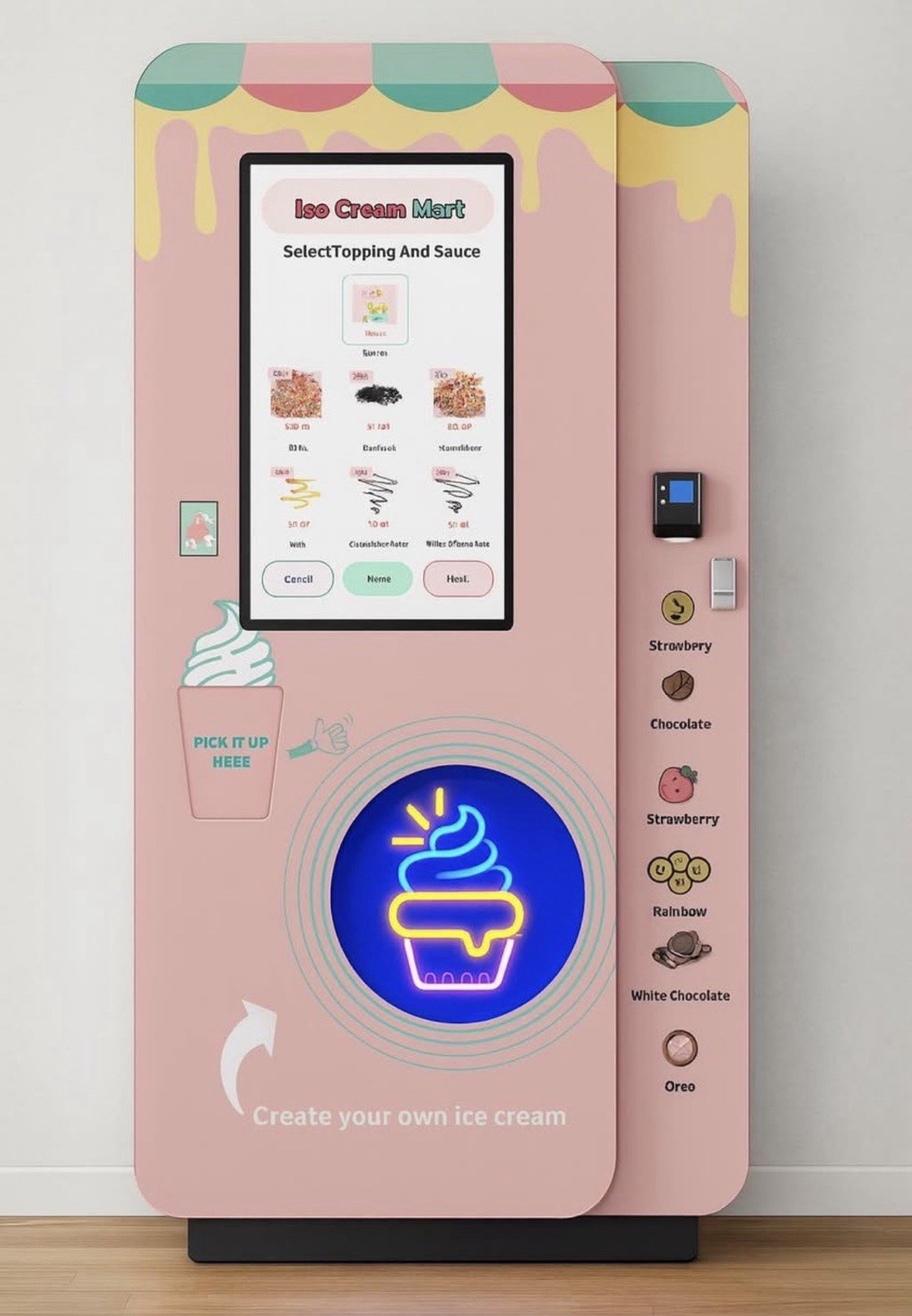 Ice Cream Mart Soft Serve Ice Cream Machine Floor Model Pink Automated Topping