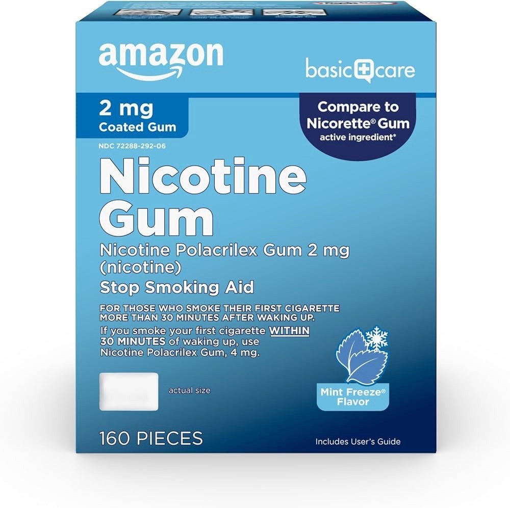 Amazon Basic Care Coated Nicotine Polacrilex Gum 2 mg, Ice Mint Flavor New