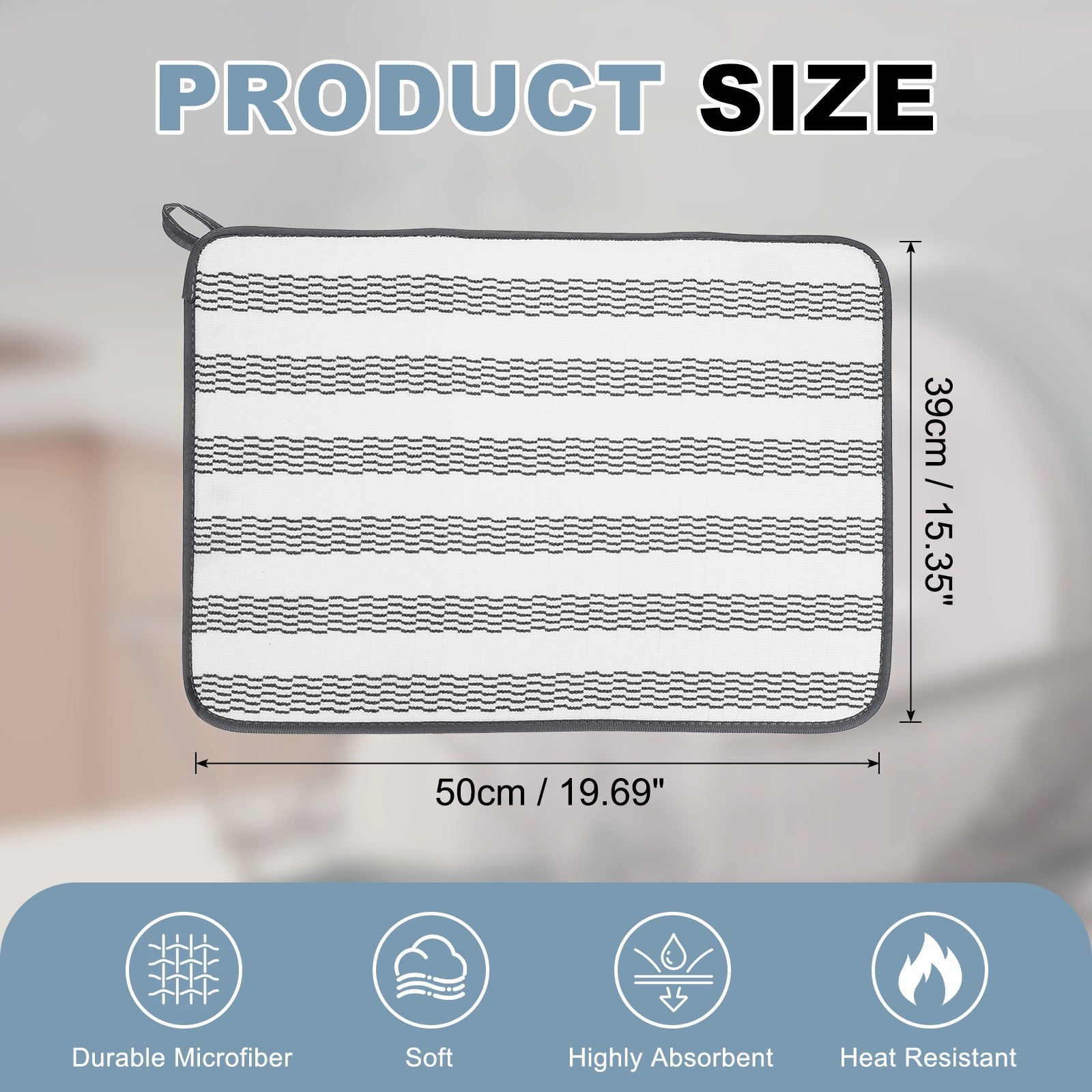 Microfiber Dish Drying Mat,20 x 15 Inch Wide White Stripes, White