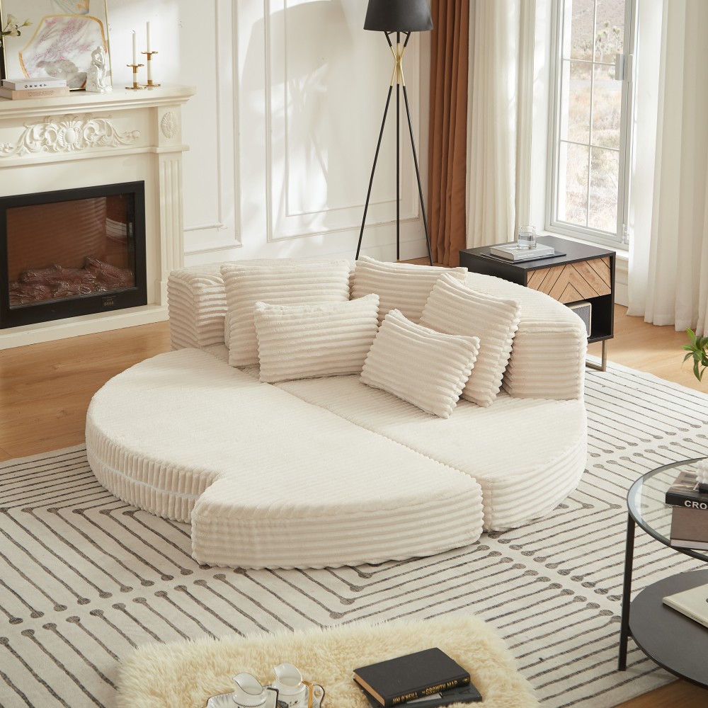 78.5" Corduroy Semi-Circular Sofa Bed w/ Neck Pillow & Throw Pillows