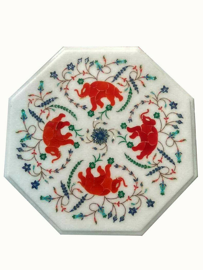 12" Marble corner Table top handicraft inlay floral semi precious stones work