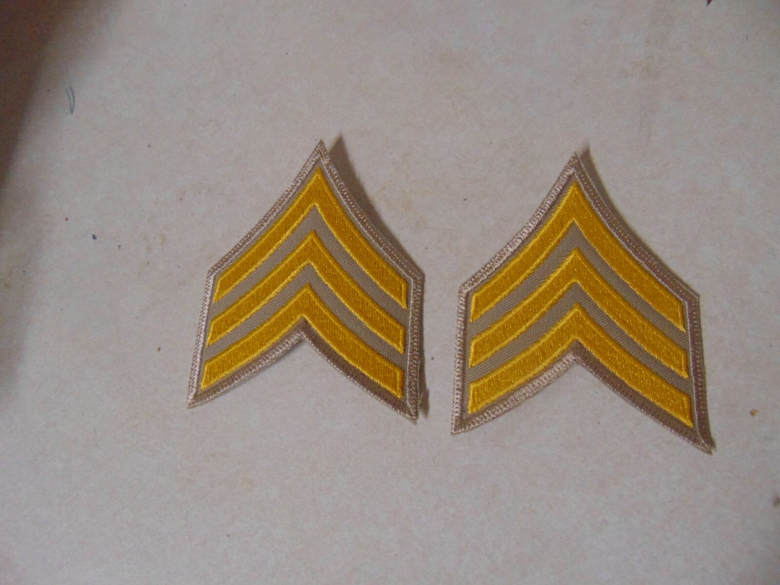 MILITARY POLICE OR FIRE PATCH SET OF 2 SEW ON SERGEANT STRIPES YELLOW AND TAN