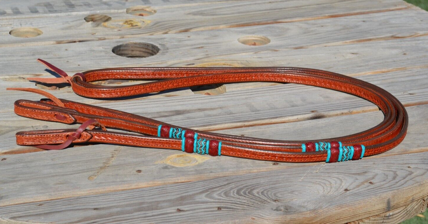 Jose Ortiz 5/8" Medium Oil Tooled Leather Split Reins Turquoise/Latigo Rawhide
