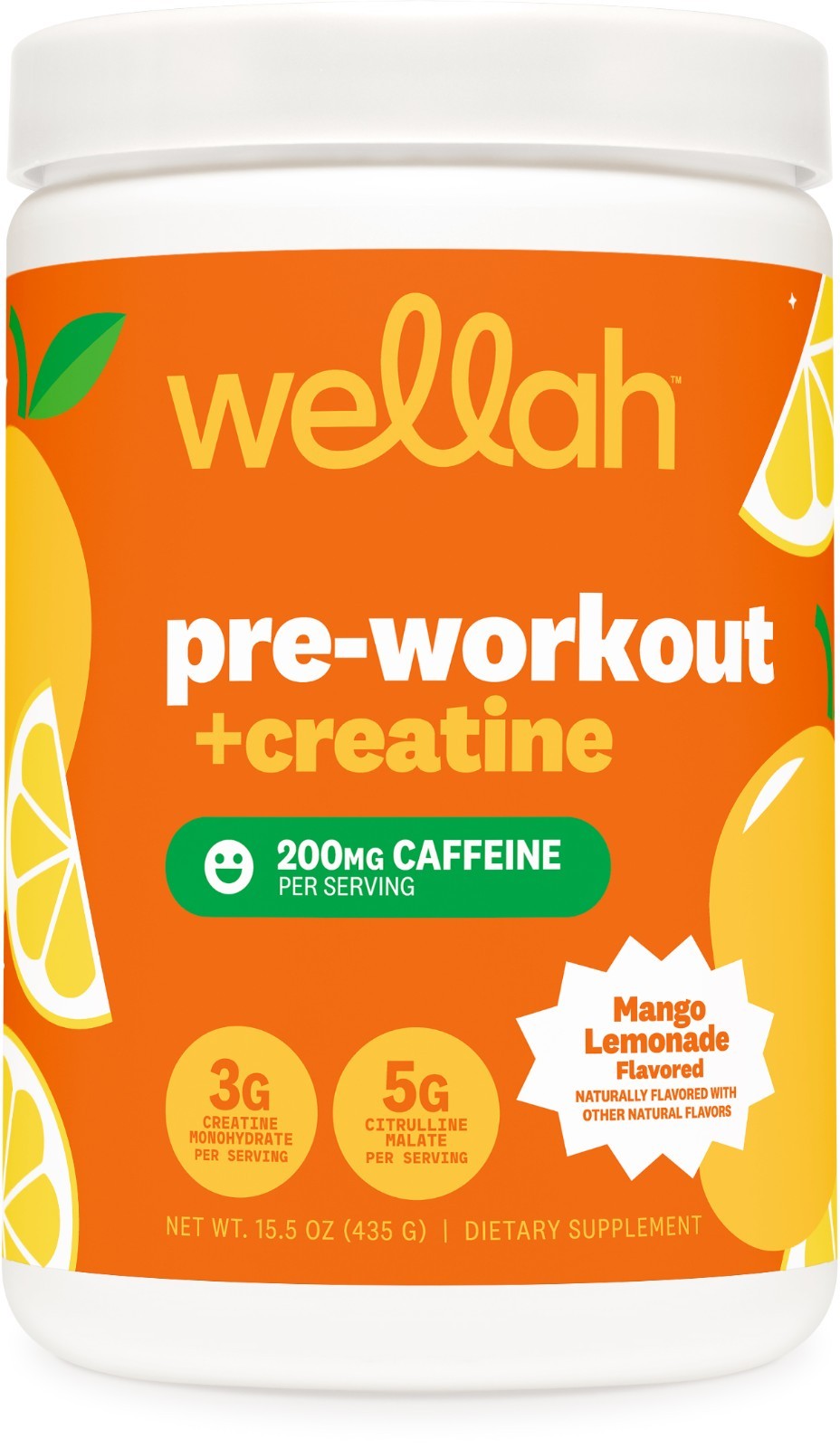 Wellah Pre-Workout + Creatine Powder (30 Servings) Mango Lemonade - 3g Creatine