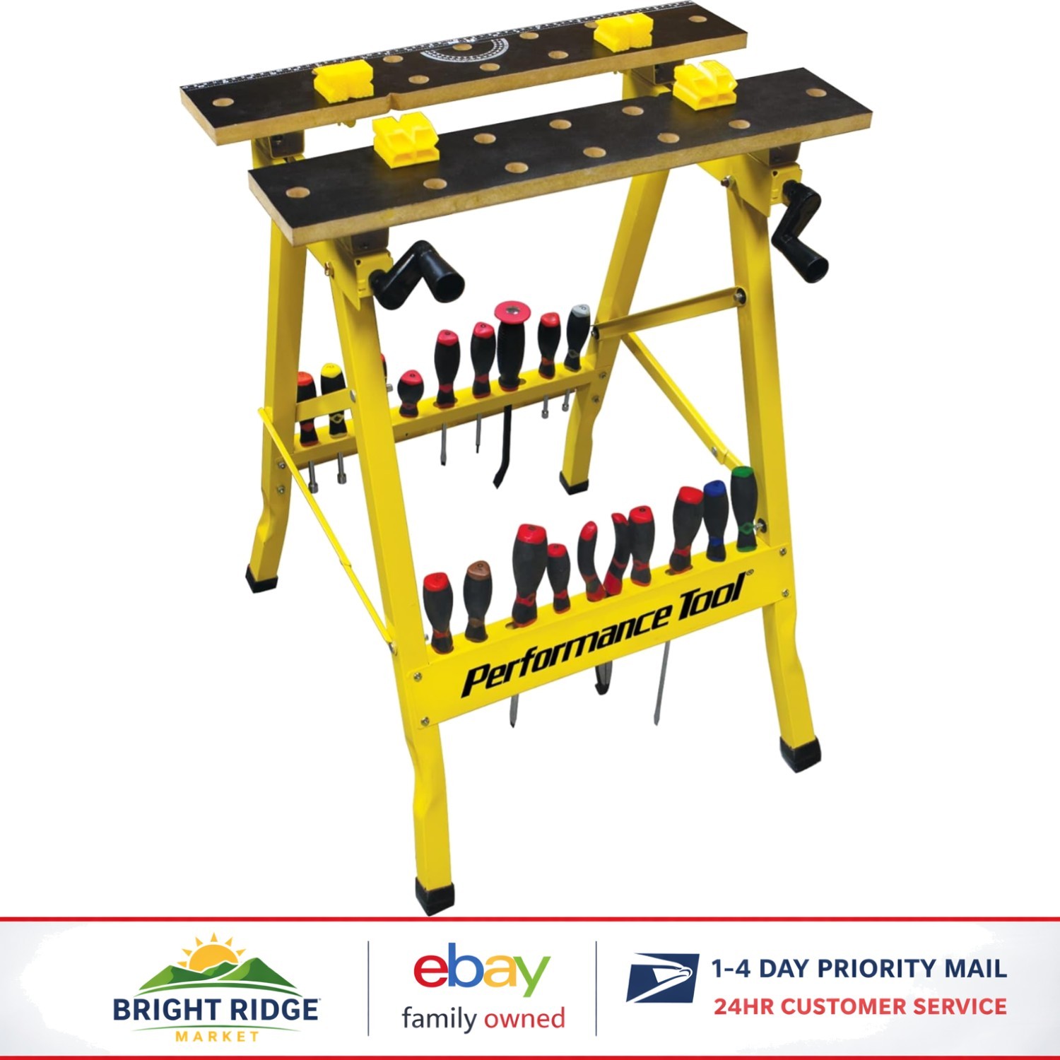 Workbench with Printed Measurements and One-Handed Clamp for Unique Materials