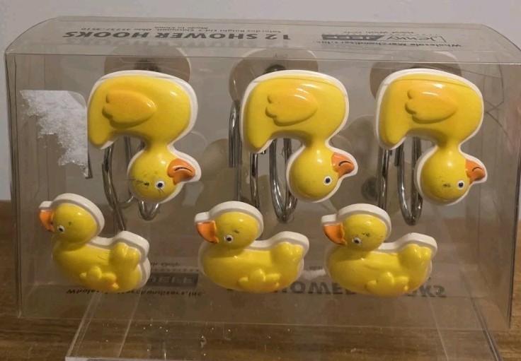 Jenny Jeff Yellow Duck Kids Bathroom Shower Curtain Rings Hooks Set/12 NEW