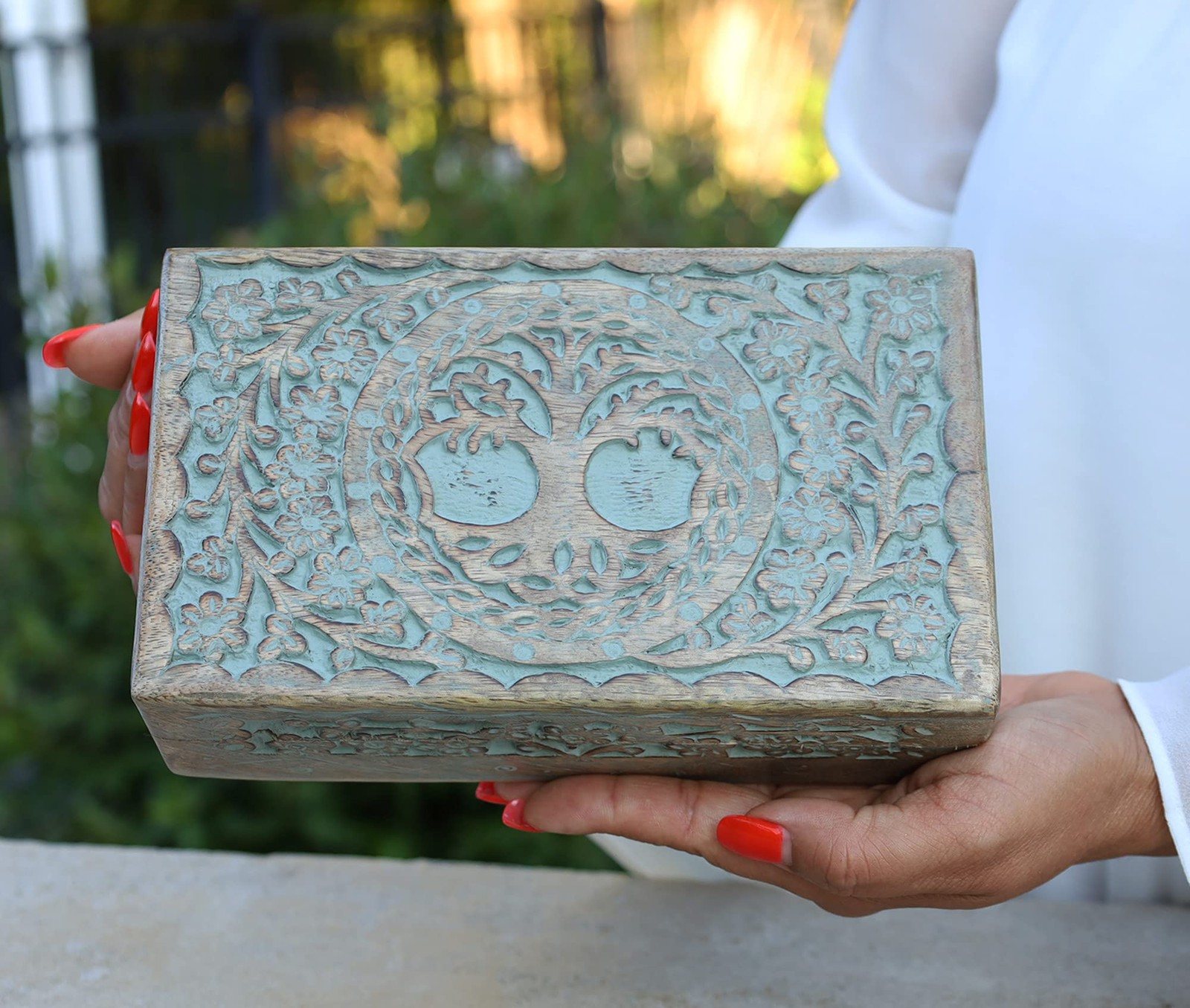 Large Hand Carved Tree of Life Wooden Box Keepsake Storage Multi Utility 303-T
