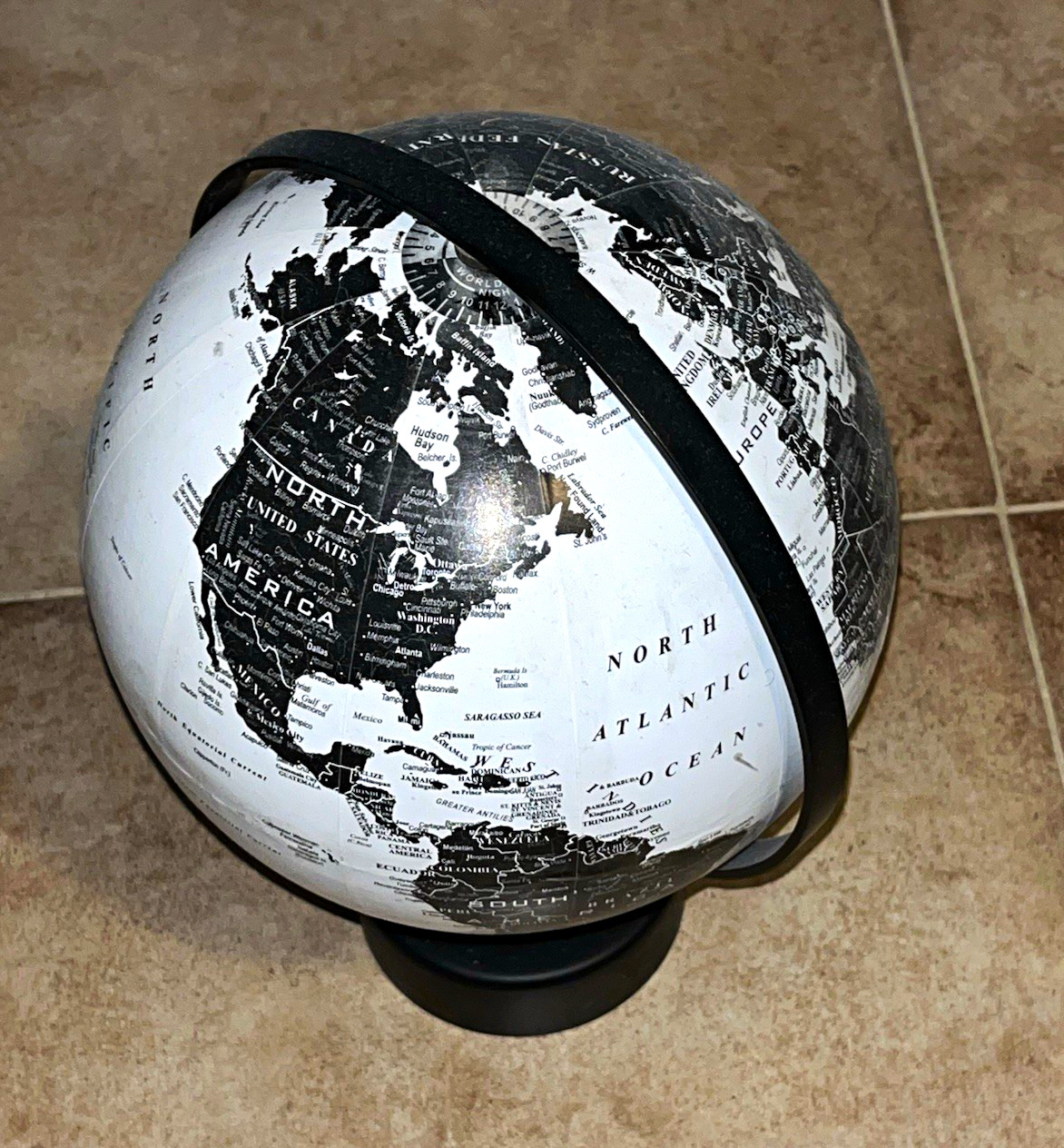 Rotating Black & White Tabletop World Globe w/ Base, Decorative Stand 12 inch