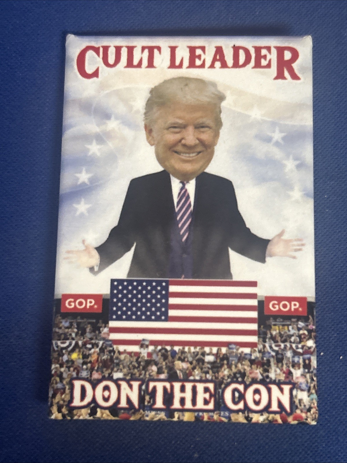 Cult Leader, Don The Con  2 3/4” x 1 3/4” pinback button pin