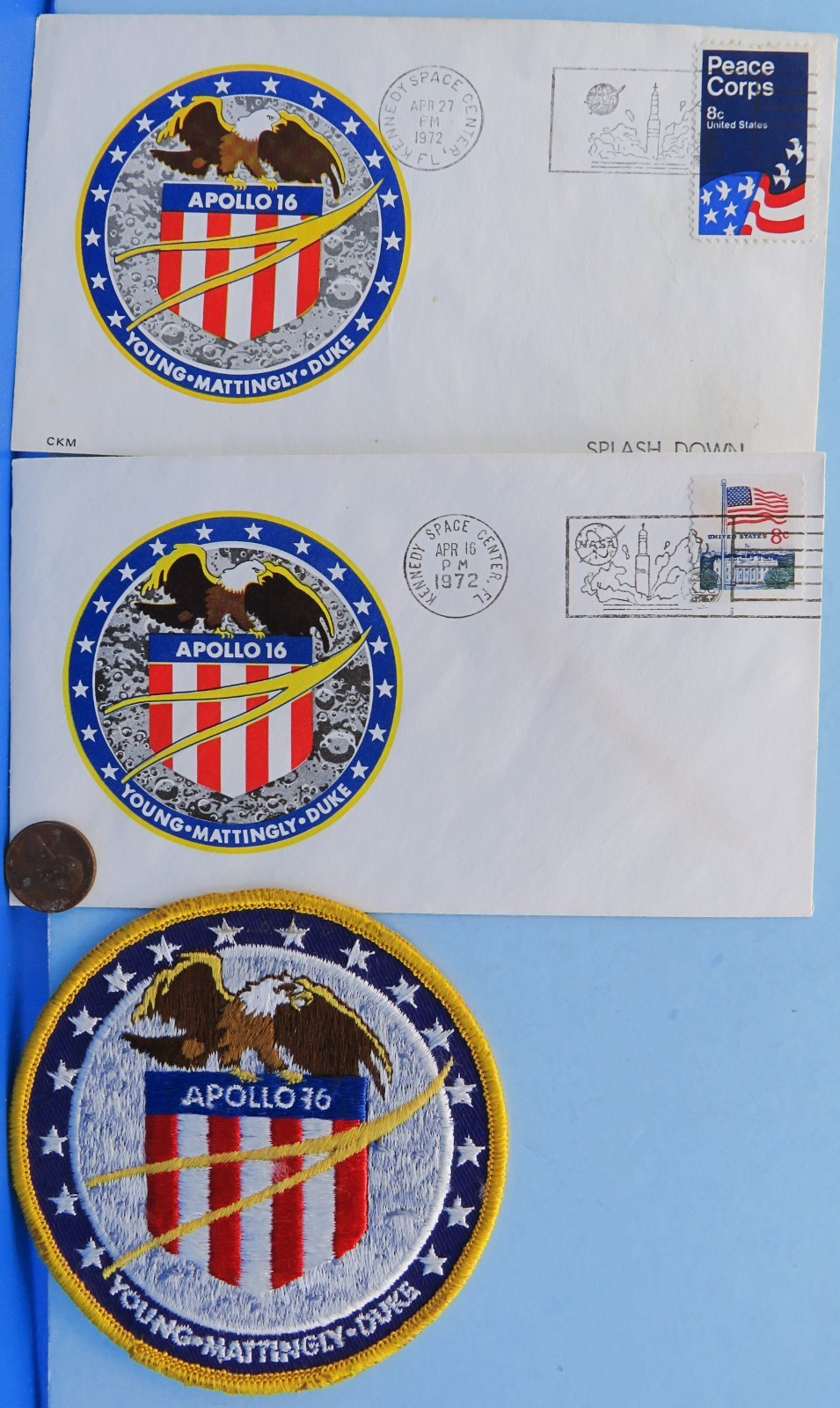 NASA postal cover Pair & 4" PATCH '70s vtg APOLLO 16 AB Emblem Cloth Back Duke