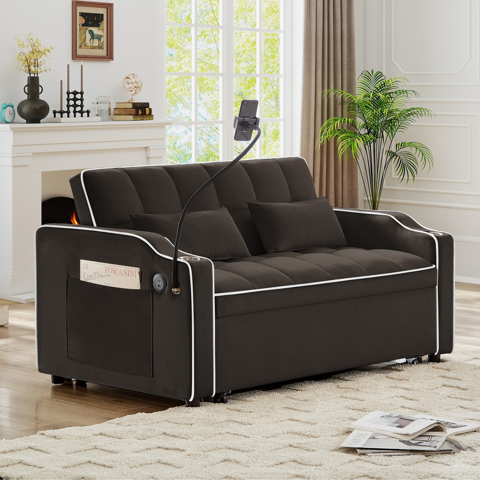 Versatile Foldable Double Seat Recliner,Comfortable Velvet Pull-Out Sleeper Sof