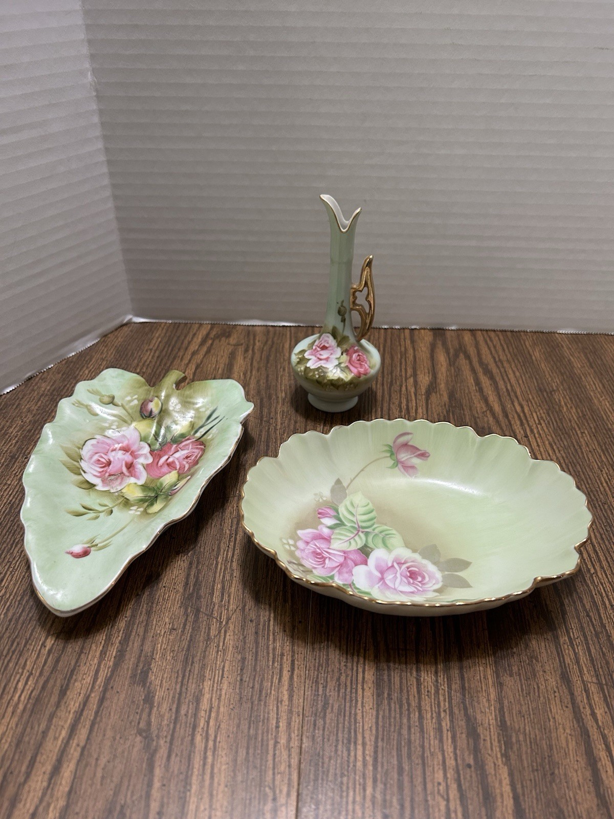 3 Vintage  Lefton China Hand Painted MCM Pieces Leaf Dish Bud Vase & Oval Dish