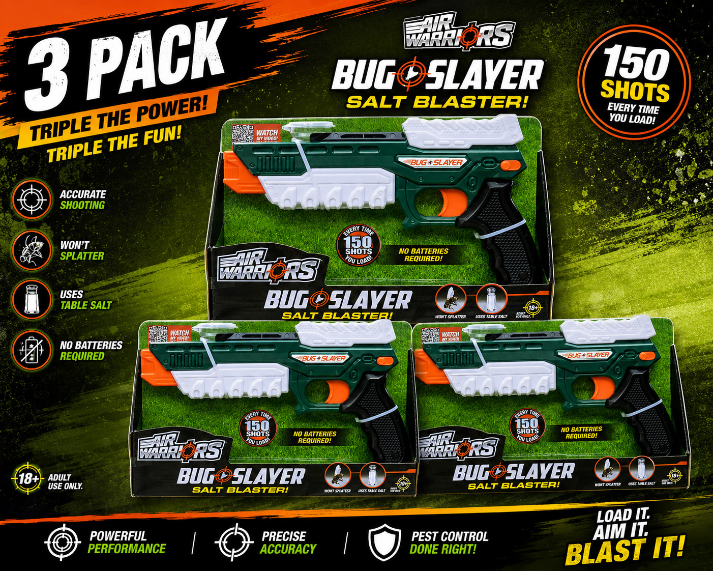 Bug Slayer Salt Blaster Bug Killer Fly Stopper Pistol Gun with Safety 3 packs
