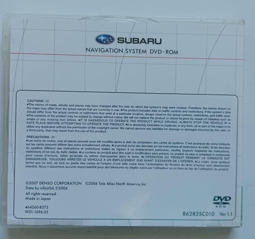 SUBARU Navigation System Ver 1.1 - Mid West (2007 DVD-ROM Software) 862835C010