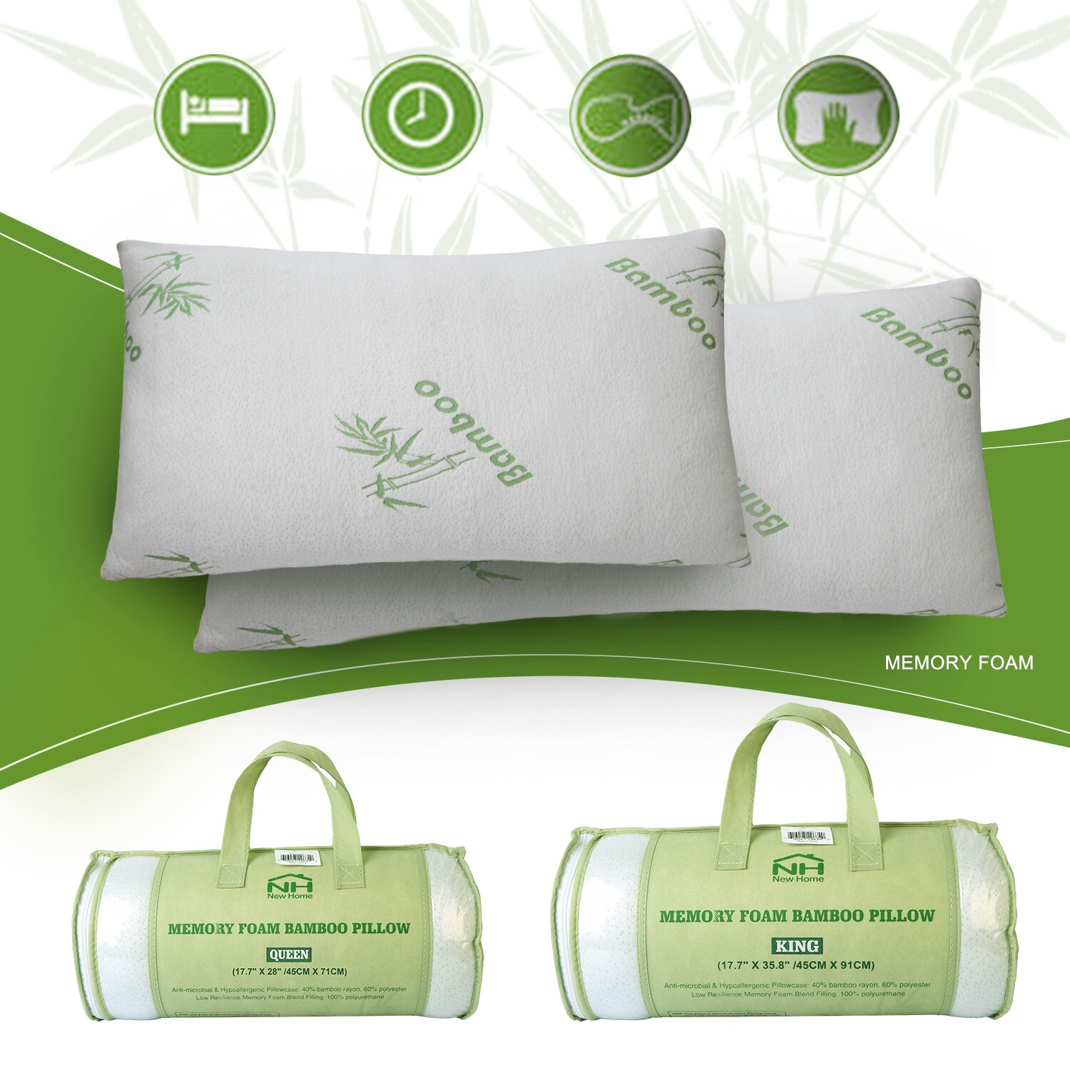 Bamboo Sleeping Bed Memory Foam Pillows for Back Stomach Side Sleeper Queen/King