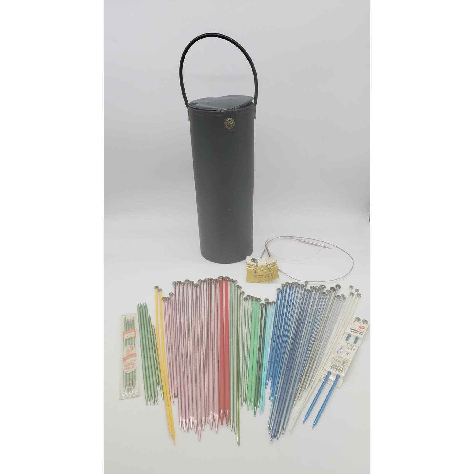 Vintage Cirrone Black Vinyl Cylindrical Knitting Needle Case + Needles