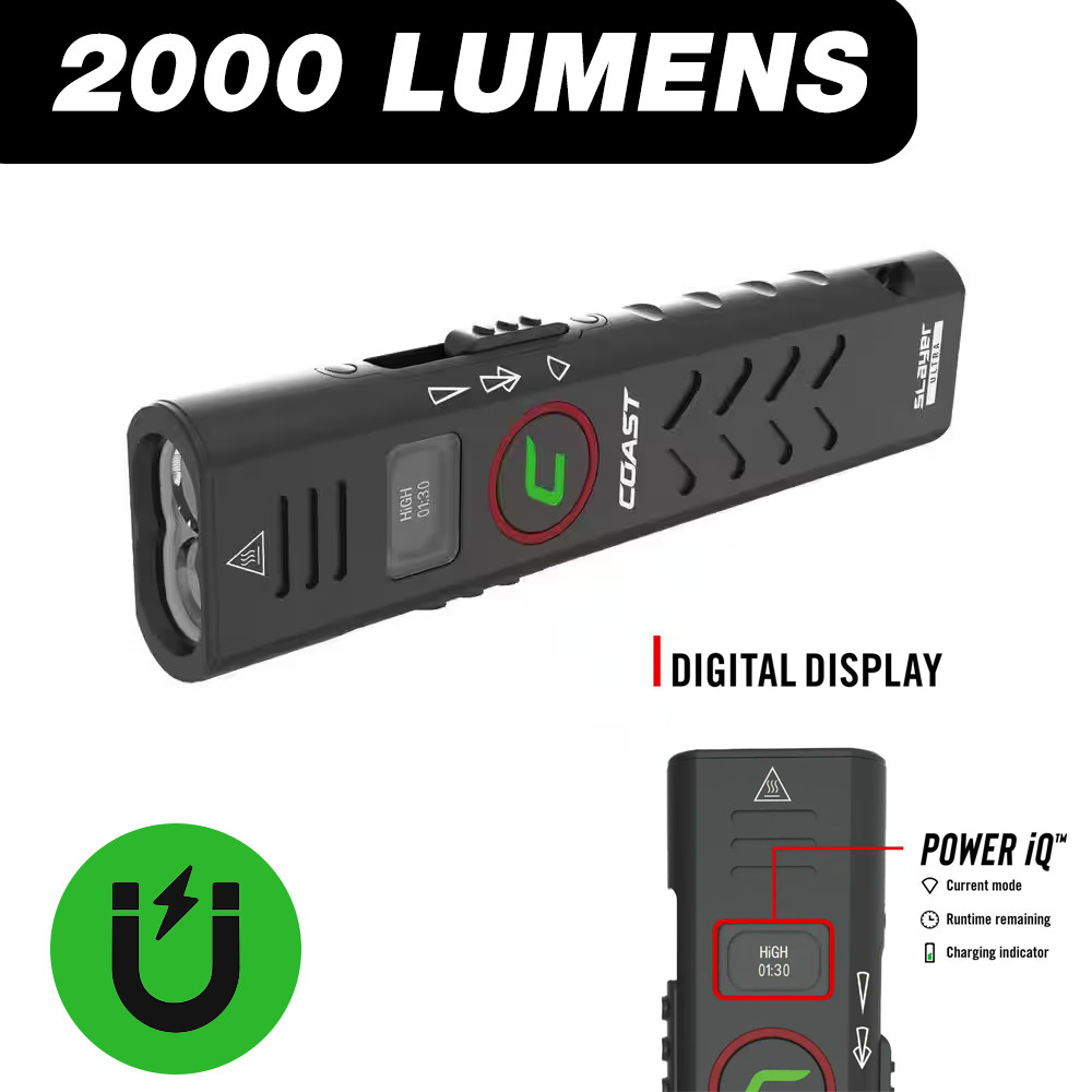 COAST Slayer 2000 Lumens USB-C Rechargeable Flat EDC Flashlight Magnet Tactical