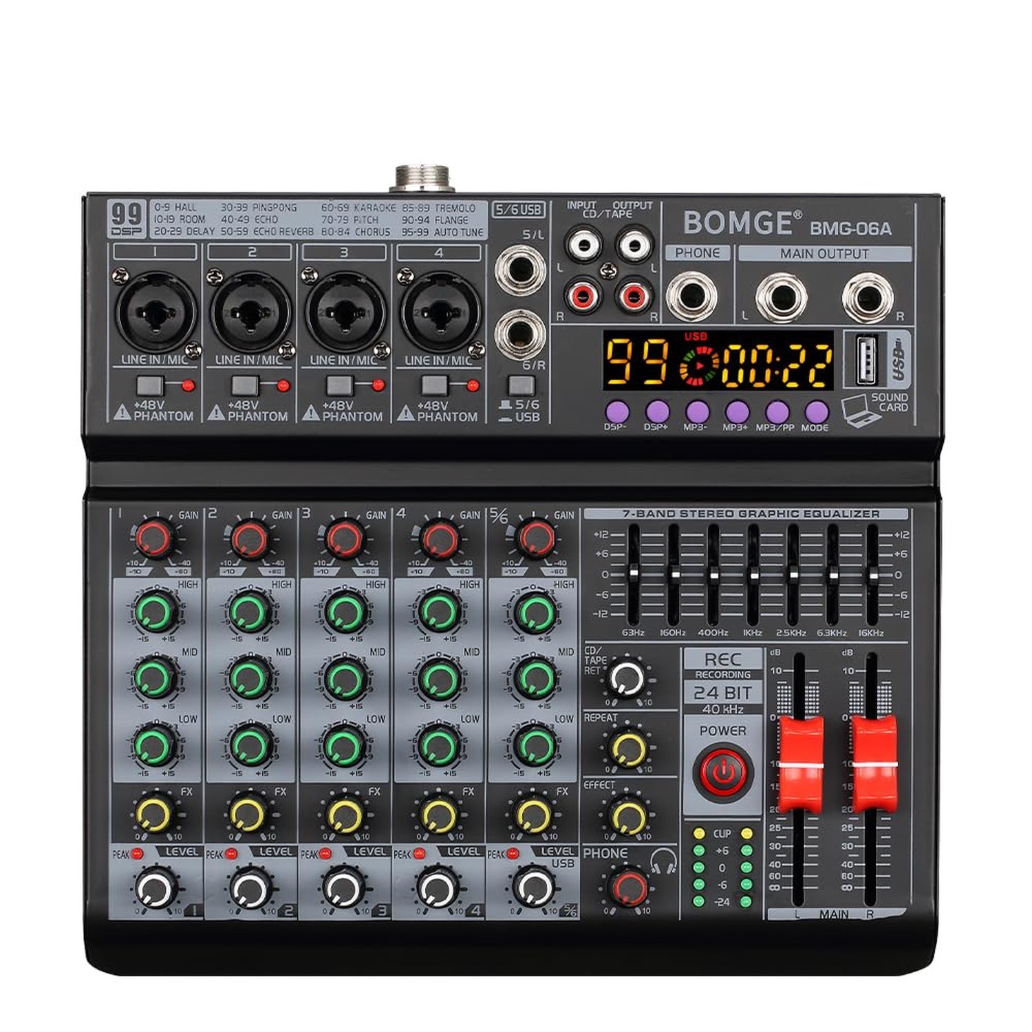 BOMGE 06A Professional 6 Channel DJ Audio Mixer, DJ Controller Sound Mixer wi...