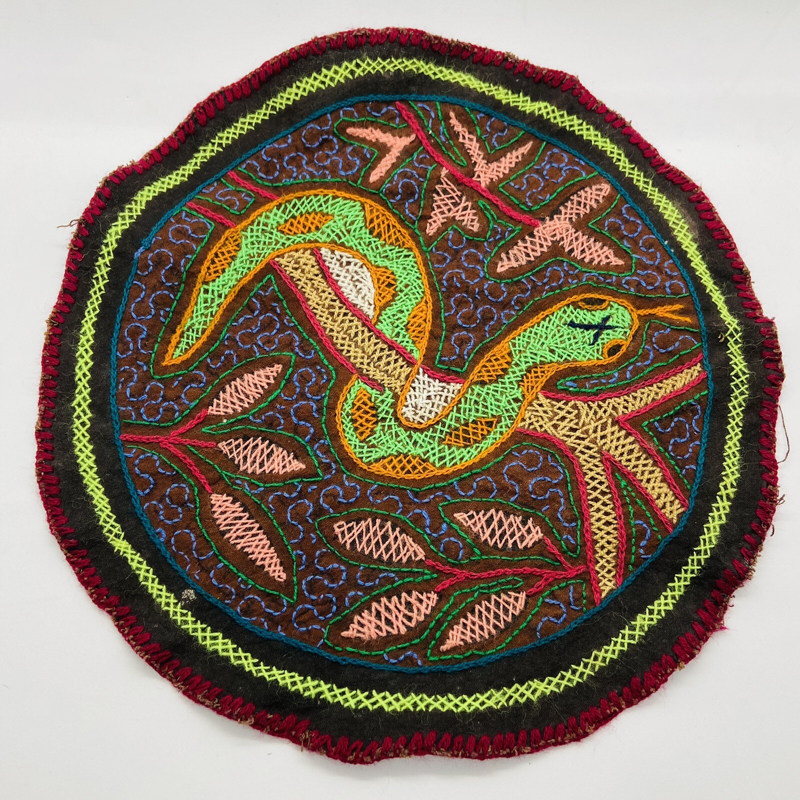 Shipibo Hand Embroidered Round Patch | Snake | 10.5" (27 cm) Diameter
