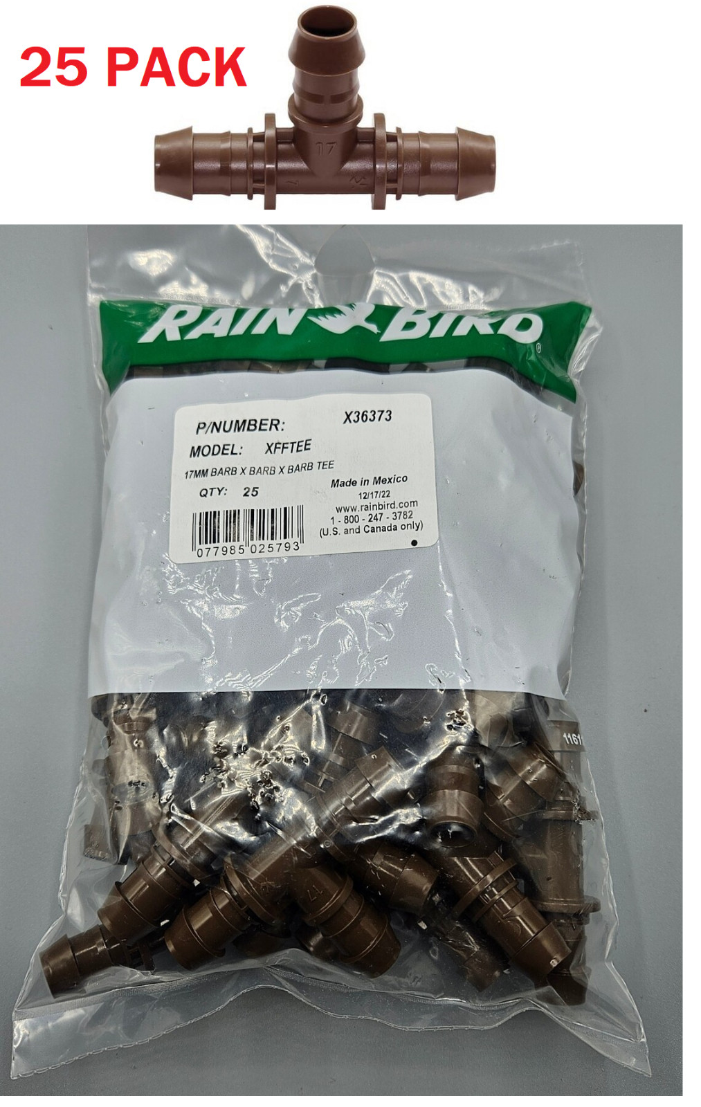 25 Pack Bird XFFTEE 17mm x 17mm Barbed Tee Dripline Adapter Fittings Drip X36373