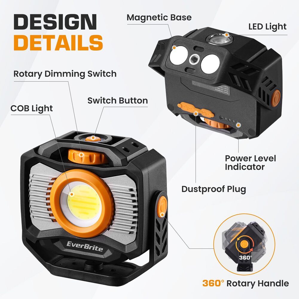 EverBrite 2000LM Magnetic COB LED Work Light Rechargeable 7 Modes 360° Rotatable