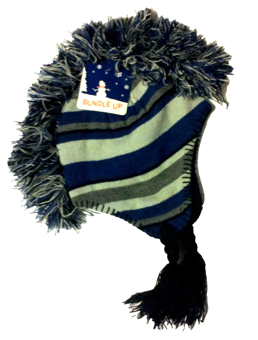 Mohawk Beanie Hat Blue Grey Stripes Childs One Size Lined Solid Black Lining NWT