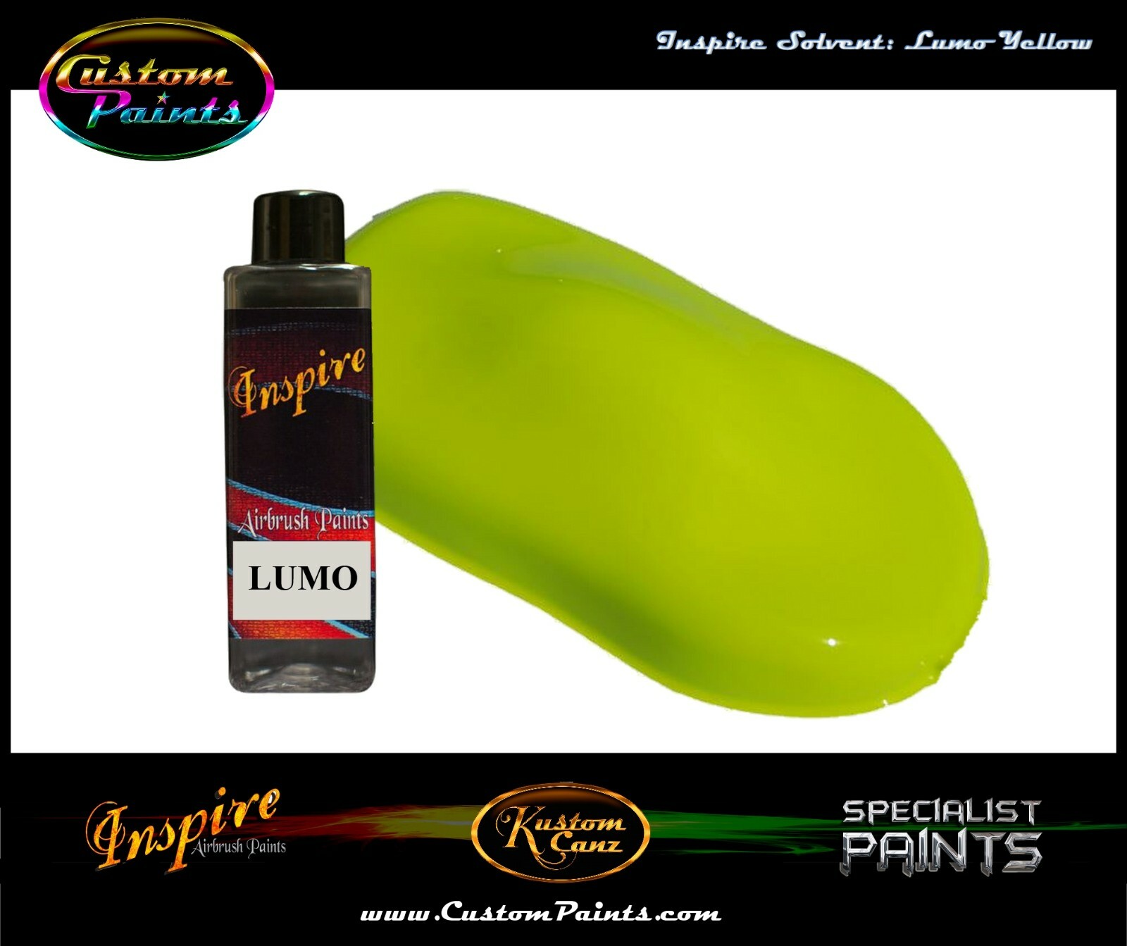 INSPIRE AIRBRUSH LUMO YELLOW 4oz (SOLVENT), CUSTOM PAINT, HOK, ARTIST, HOT ROD