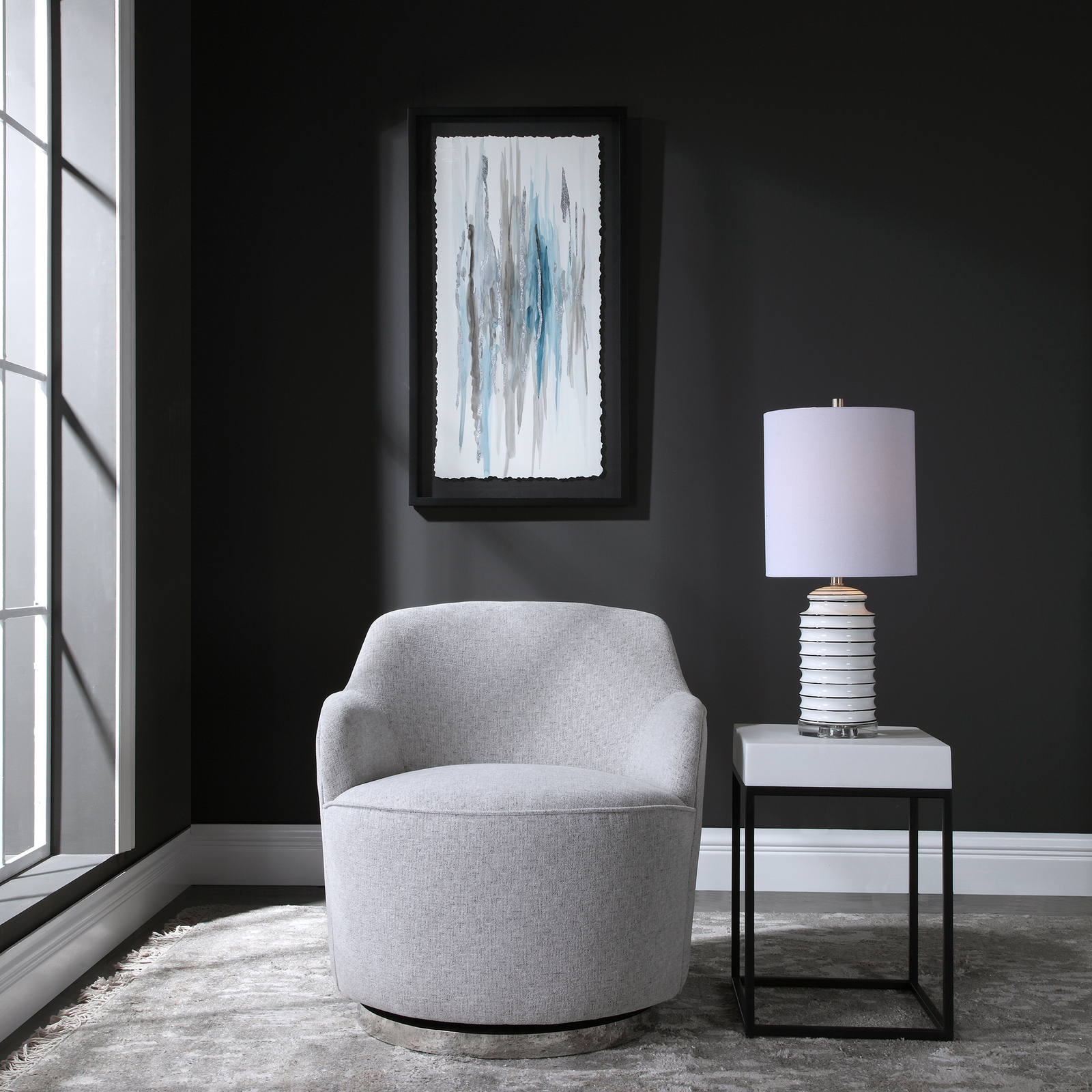 Elegant Soft Gray Swivel Accent Chair Round Barrel Minimalist Silver Spinning