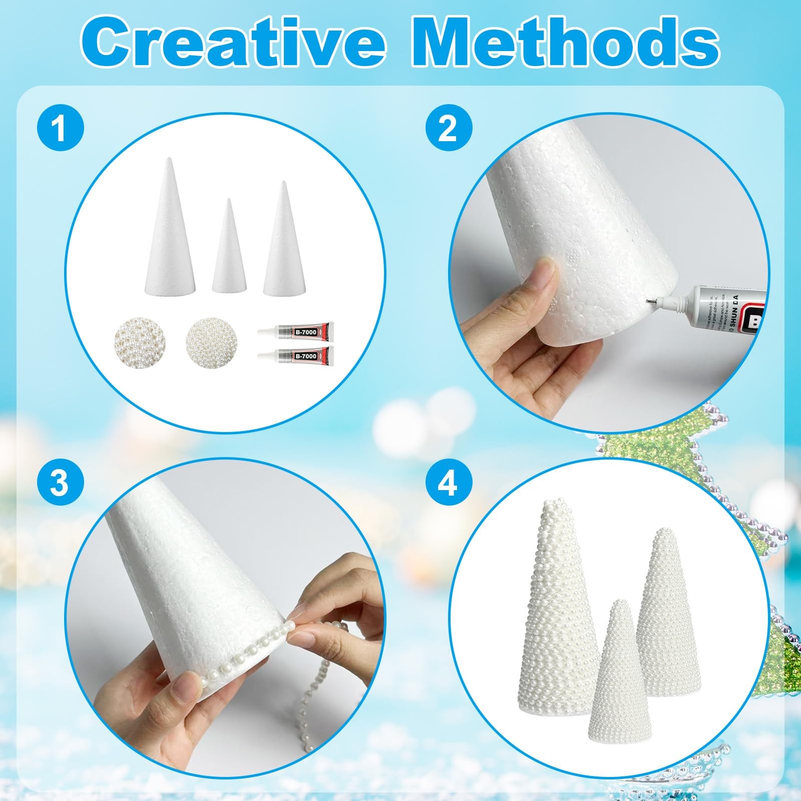 3 Set Christmas Tabletop Tree Crafts Kits DIY Foam Cone Tree Centerpieces White