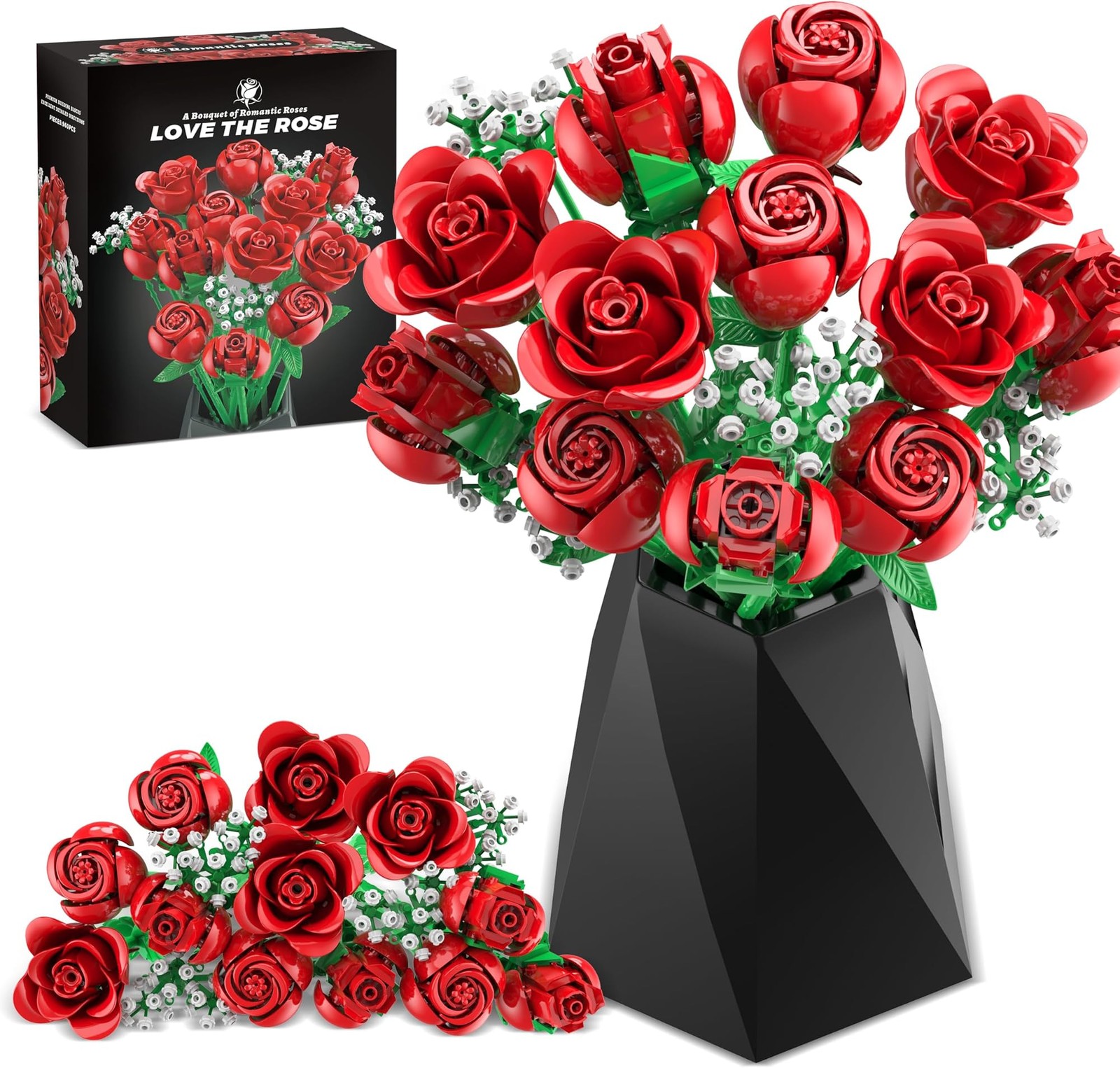 Sopu Red Rose Bouquet Building Set, 960PCS Roses Artificial Flowers Botanical...
