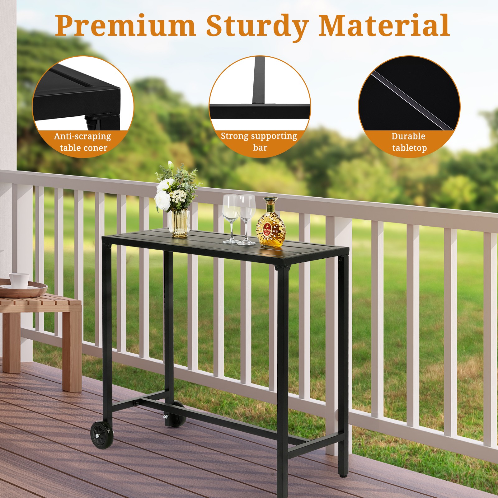40" Outdoor Bar Table with Wheels, Rectangle Narrow Counter Height Table