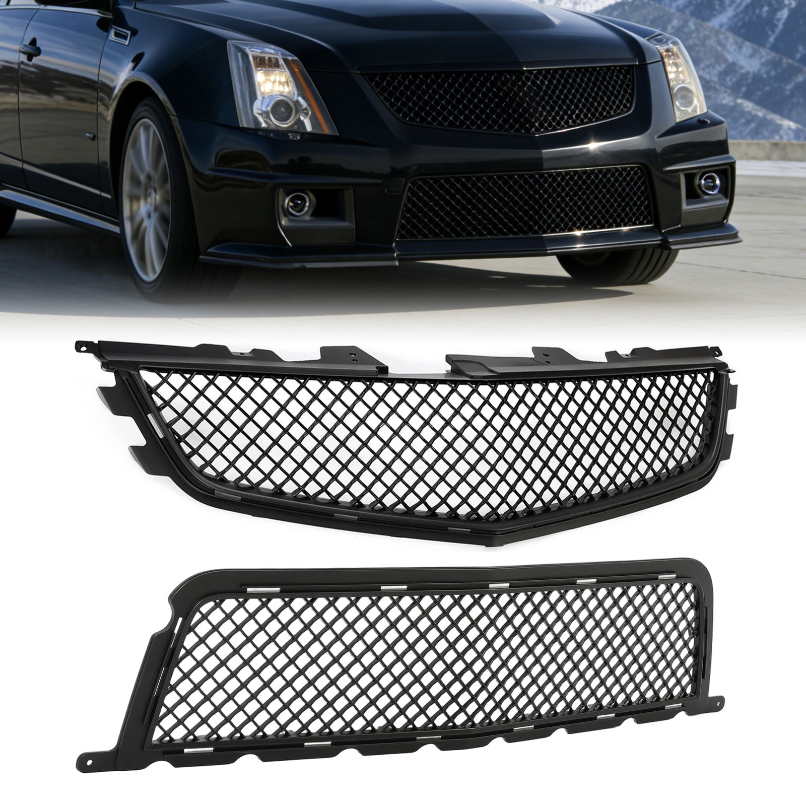 FITS CADILLAC CTS-V CTSV 2008-2014 FRONT UPPER+LOWER MAIN GRILLE - PAINTED BLACK