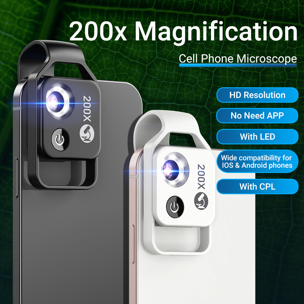 APEXEL 200x Magnification Clip Magnifier Microscope With LED CPL For Smart Phone