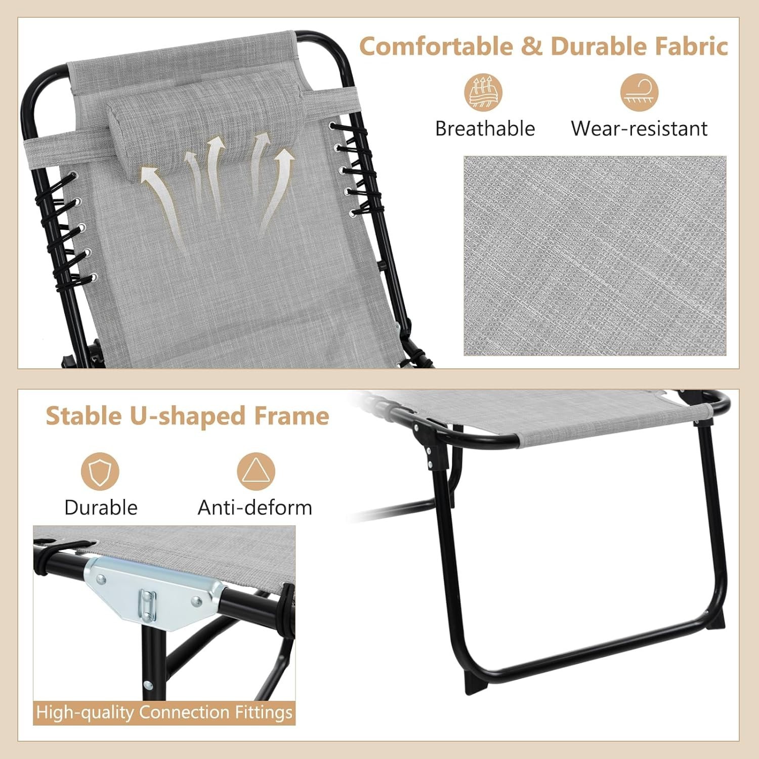 Grey Foldable Patio Lounge Chair with Headrest, 4-Position Adjustable Backrest