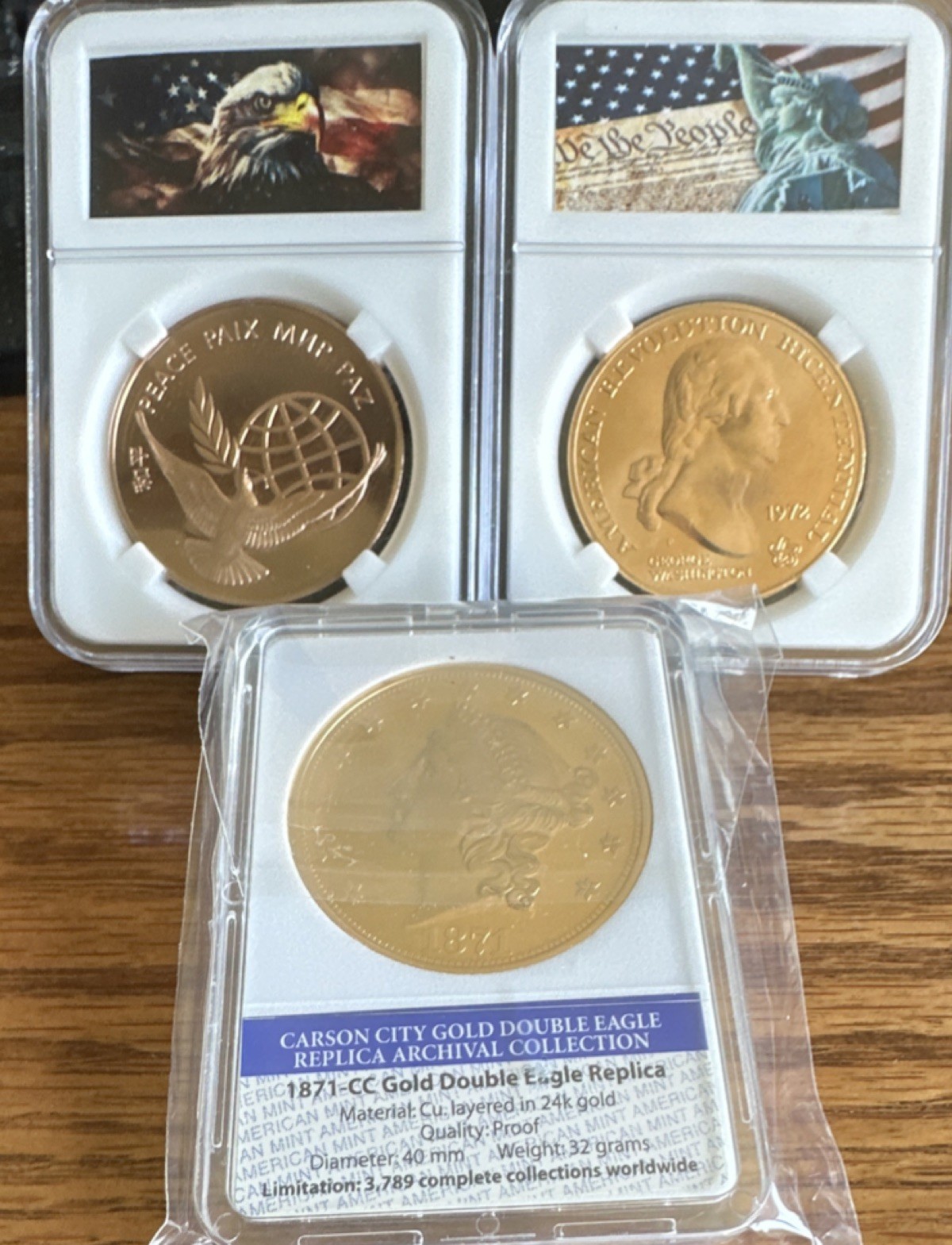 Carson City plated Double Eagle, George Washington United Nations Set of 3 Coins