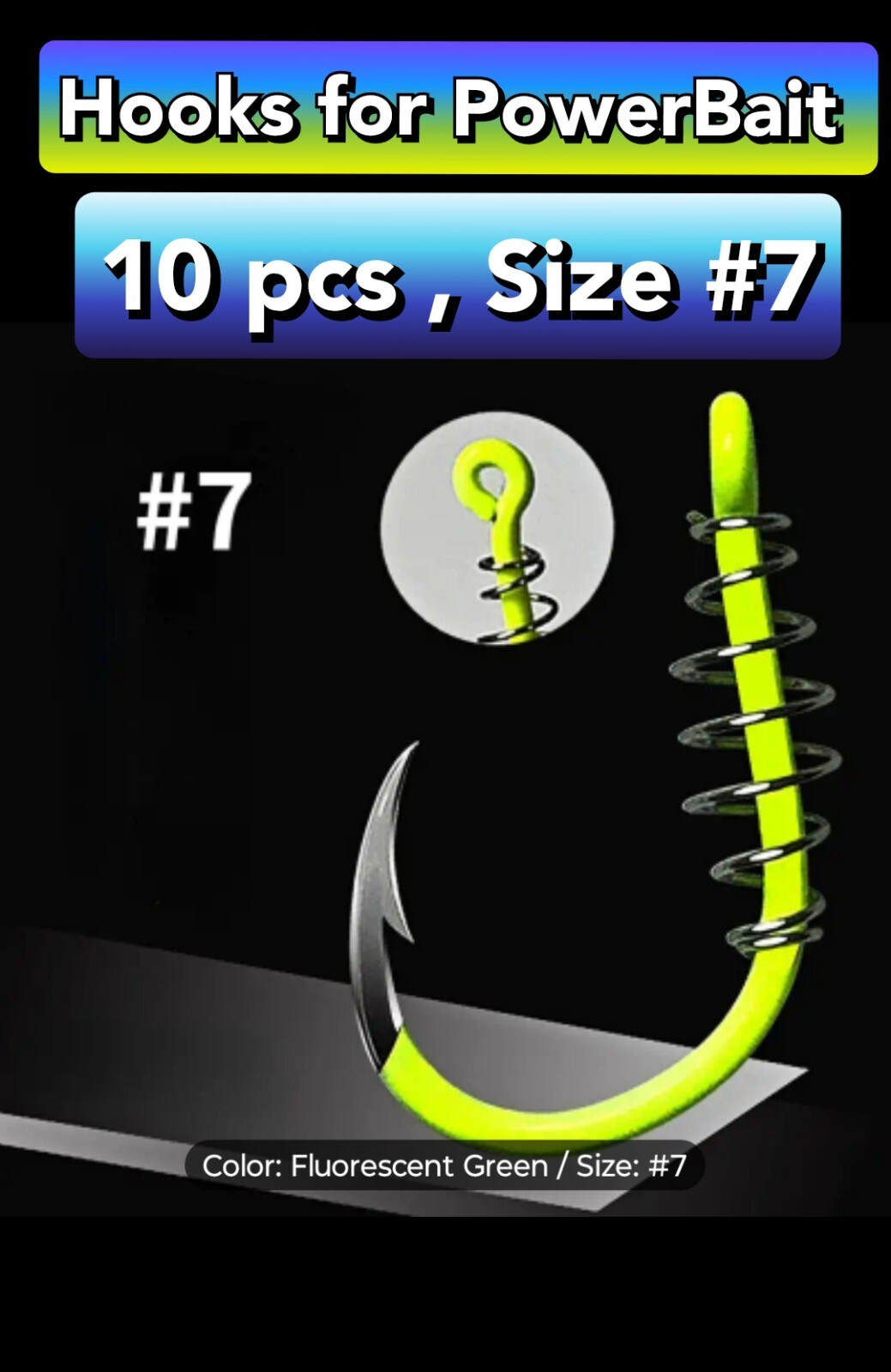 Fishing Hooks Spring Size #7 for POWER Bait Trout Carp Coated Fluorescent Green