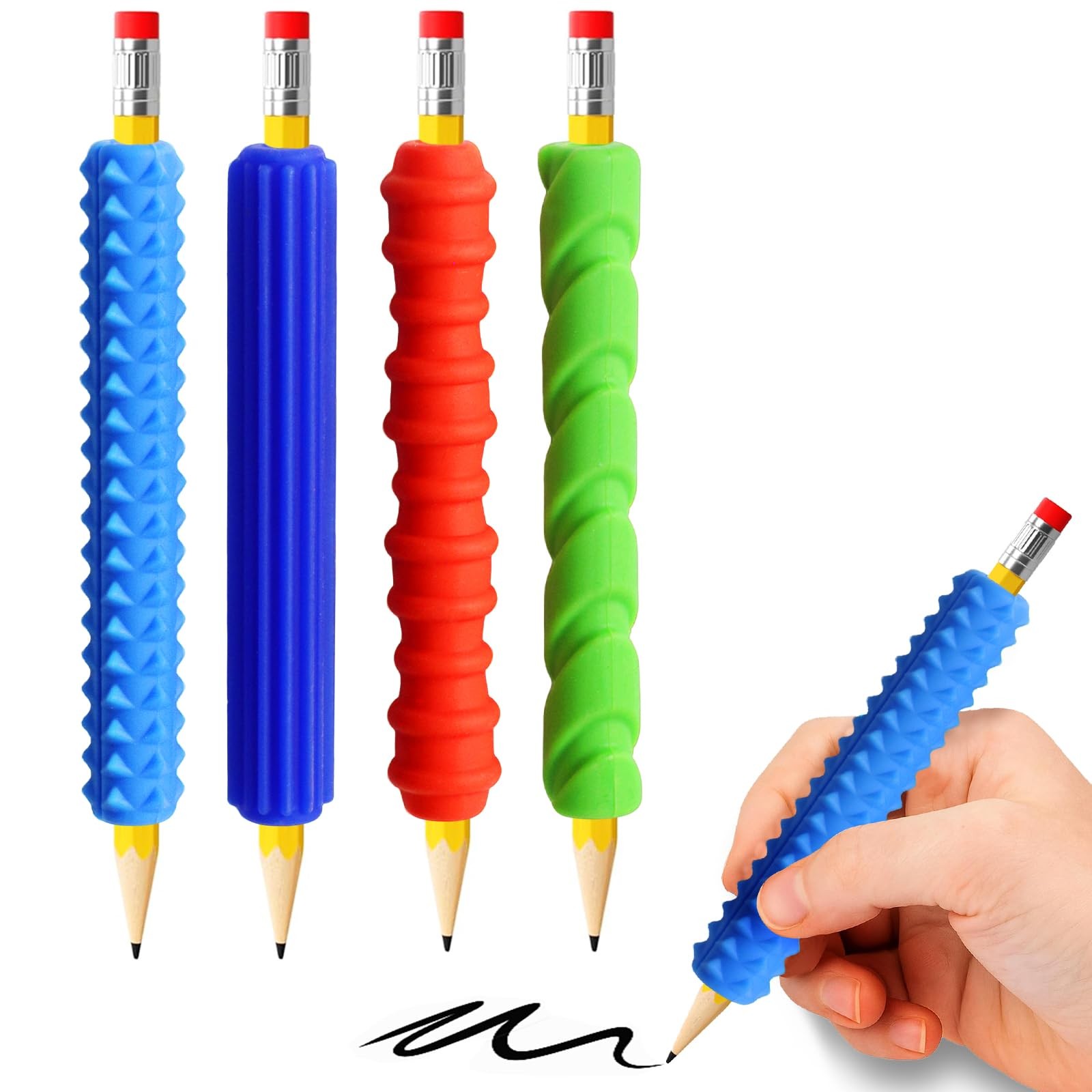 BTFSZ Pencil Grips, 4-Pack Textured Silicone Sleeves for 4 Pcs, Colorful