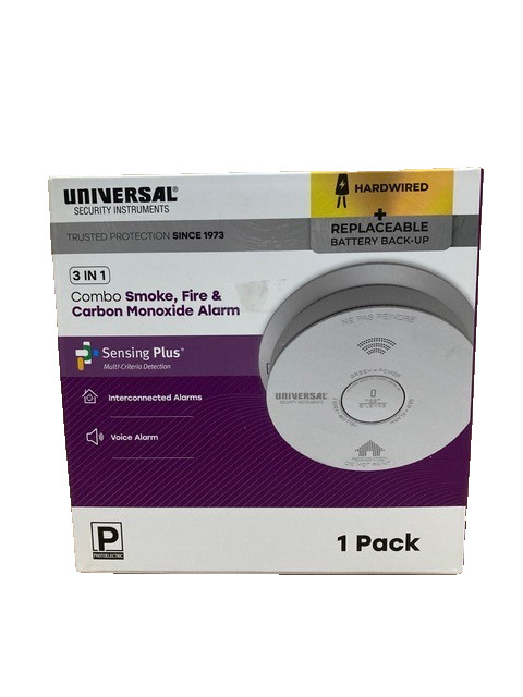 Universal Security 3-in-1 Combo Sensing Detector, Hardwired with Voice Alarm