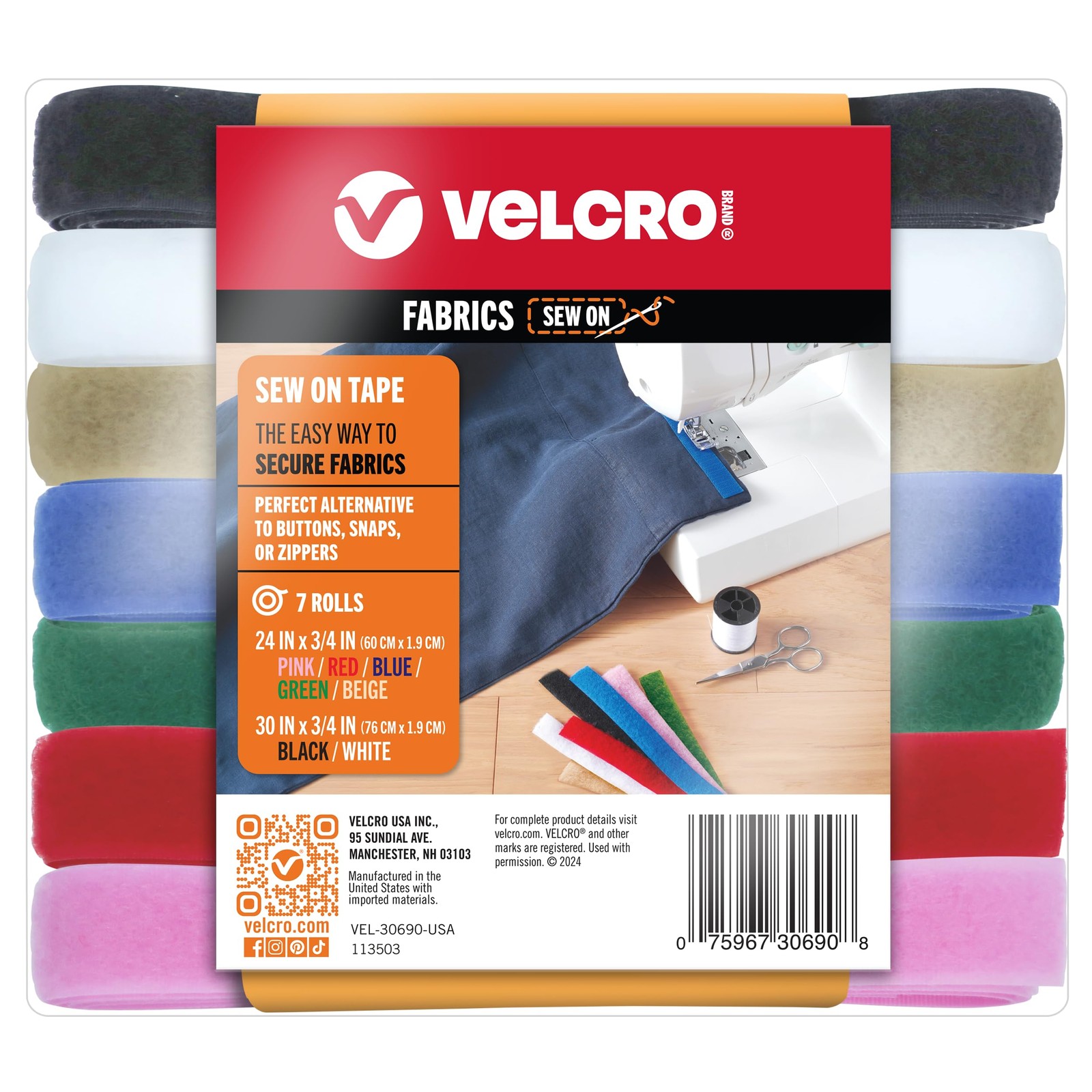 Velcro Brand Sew on Tape 15ft x 3/4 in Variety Pack 7 Colors Crafts