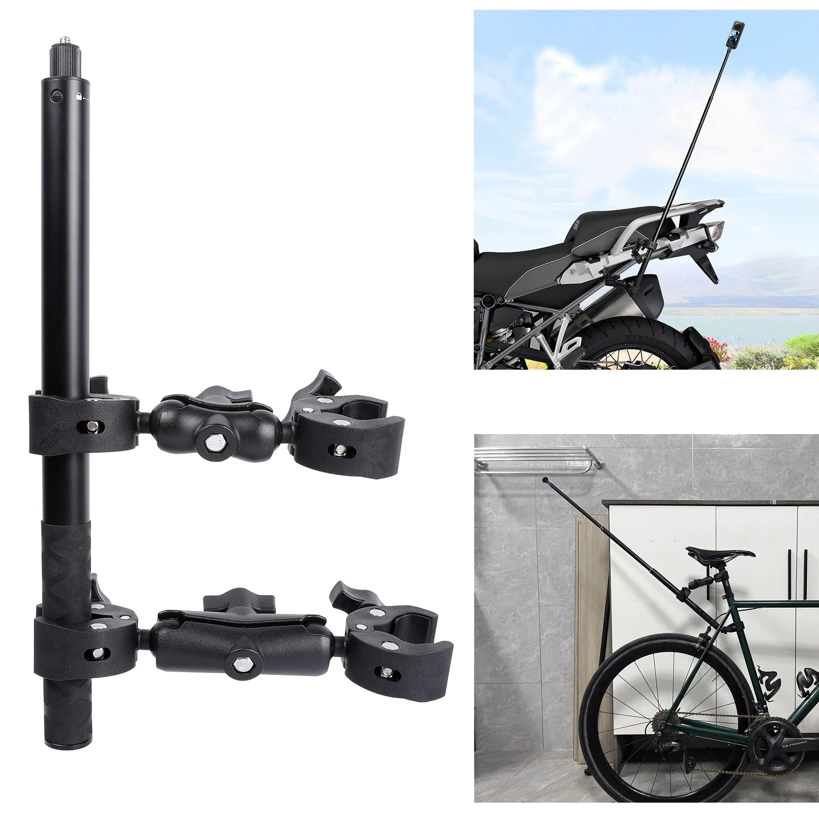 Motorcycle Handlebar Clamp Mount and Invisible Selfie Stick for 360 Cameras
