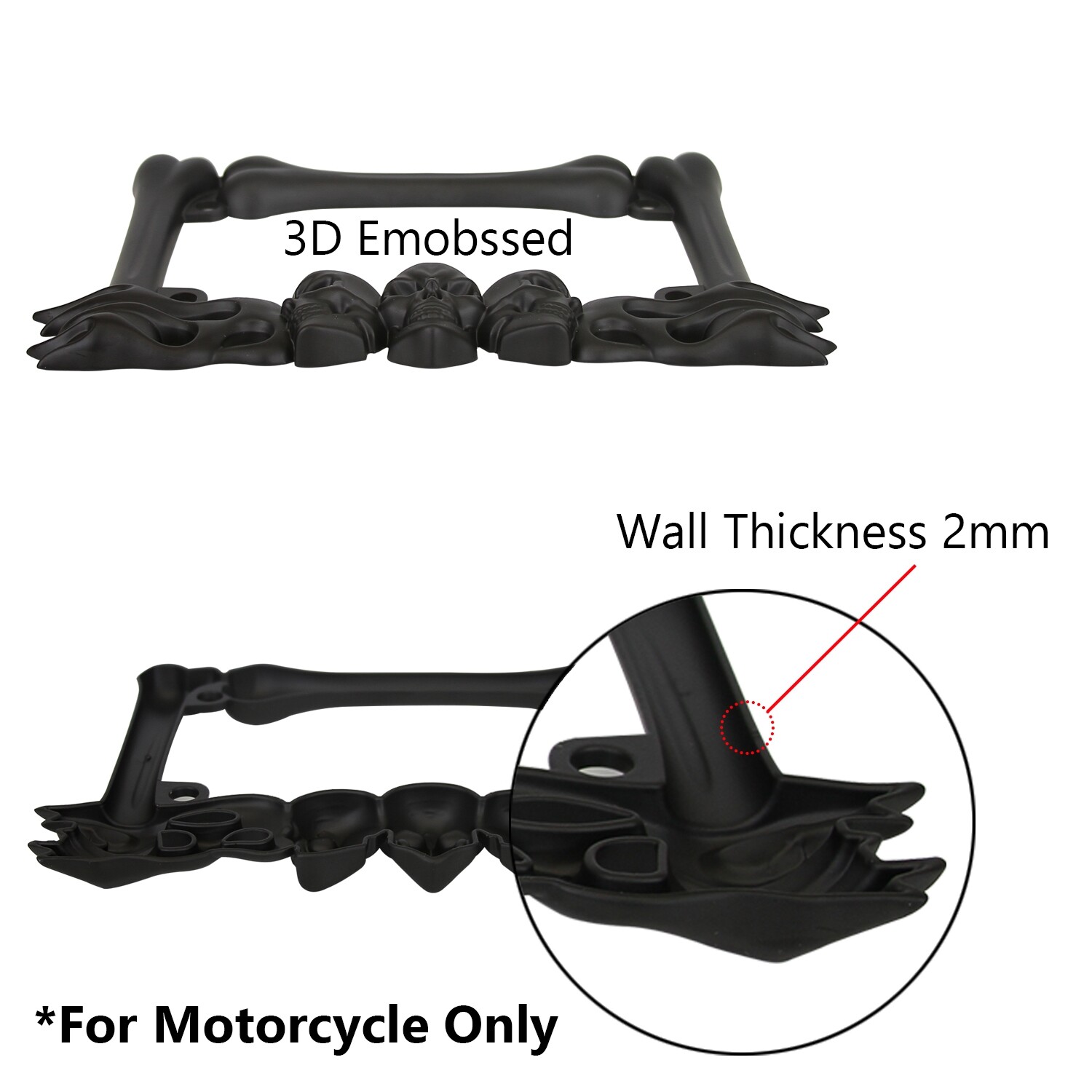3D SKULL FLAMES BONES BLACK MOTORCYCLE LICENSE PLATE FRAME FOR HARLEY-DAVIDSON