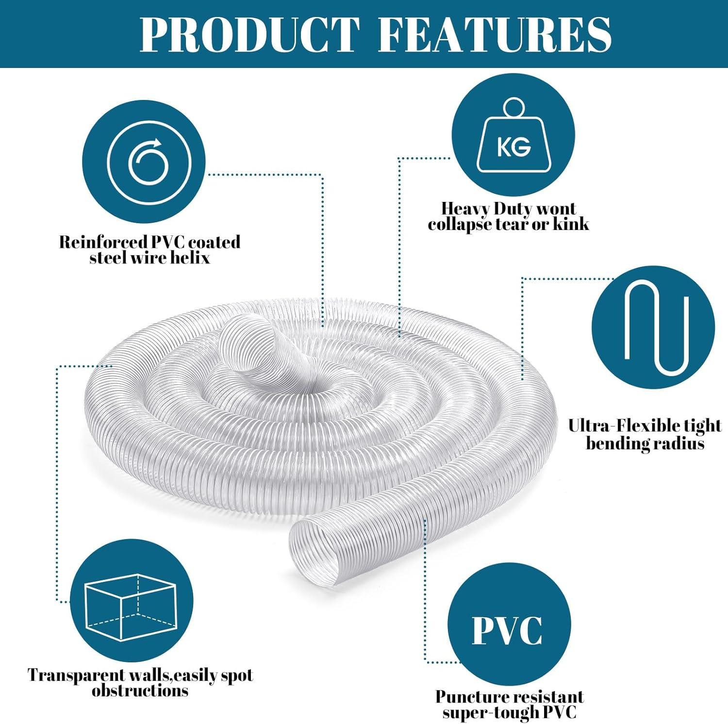 6 Inches 30 Ft PVC Dust Collection Hose with Stainless Steel Clamps Set Flexible