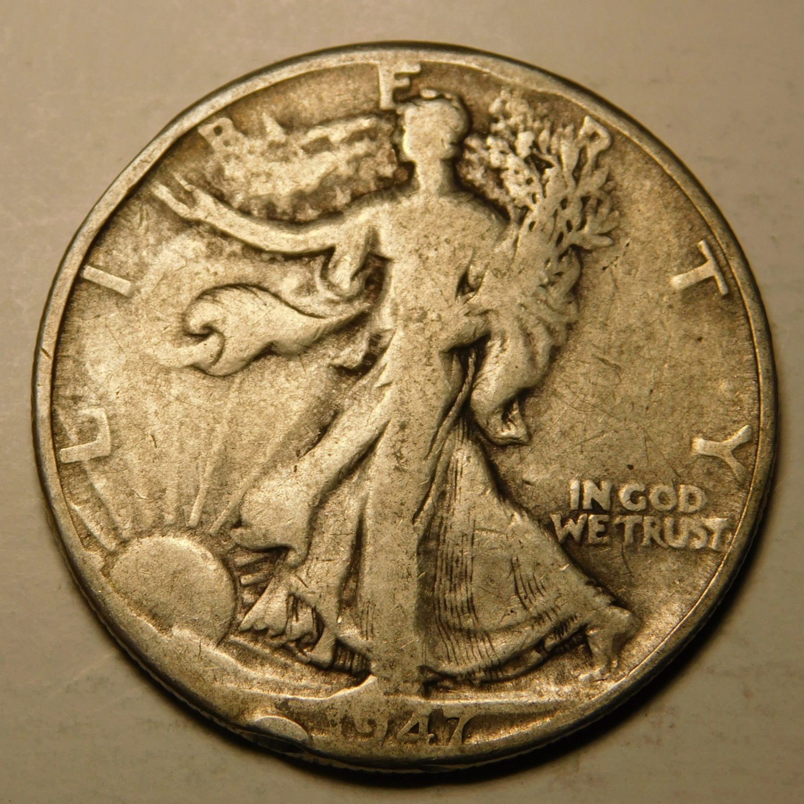 1947 D Walking Liberty Half Dollar 90% Silver   "As Pictured - Not Cleaned"