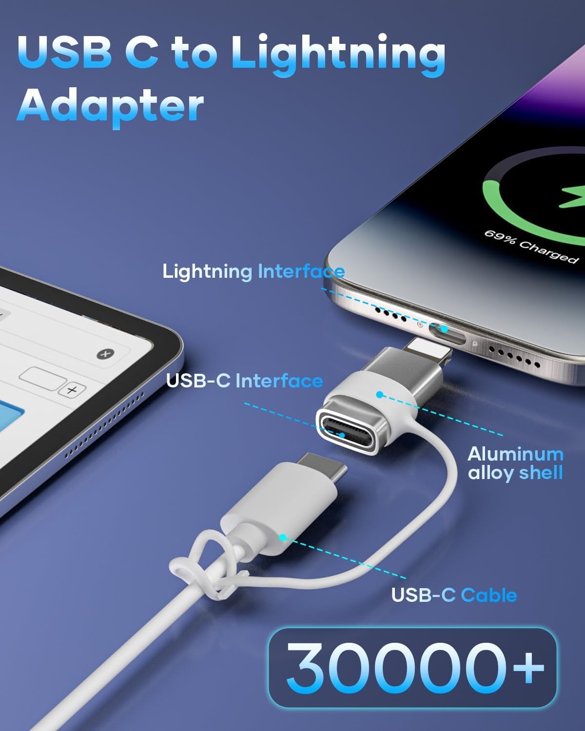 USB C to Lightning Adapter, Type C Adapter for 2 Pack, Silver