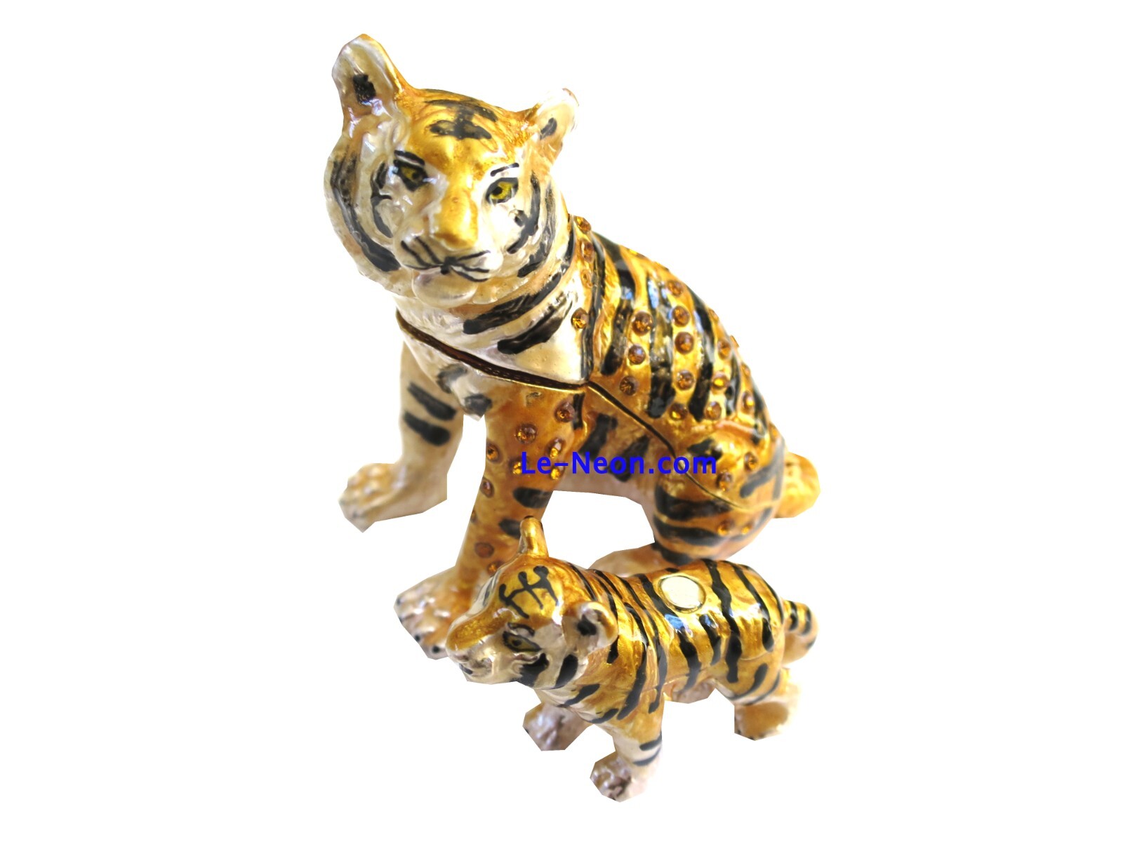 Bejeweled " Tiger mom & Cub " Hinged Metal Enameled Rhinestone Trinket Box