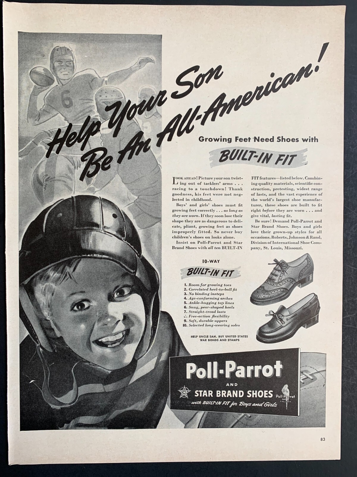Print Ad 1942 Poll Parrot Shoes 14"x10" Youth Football Player