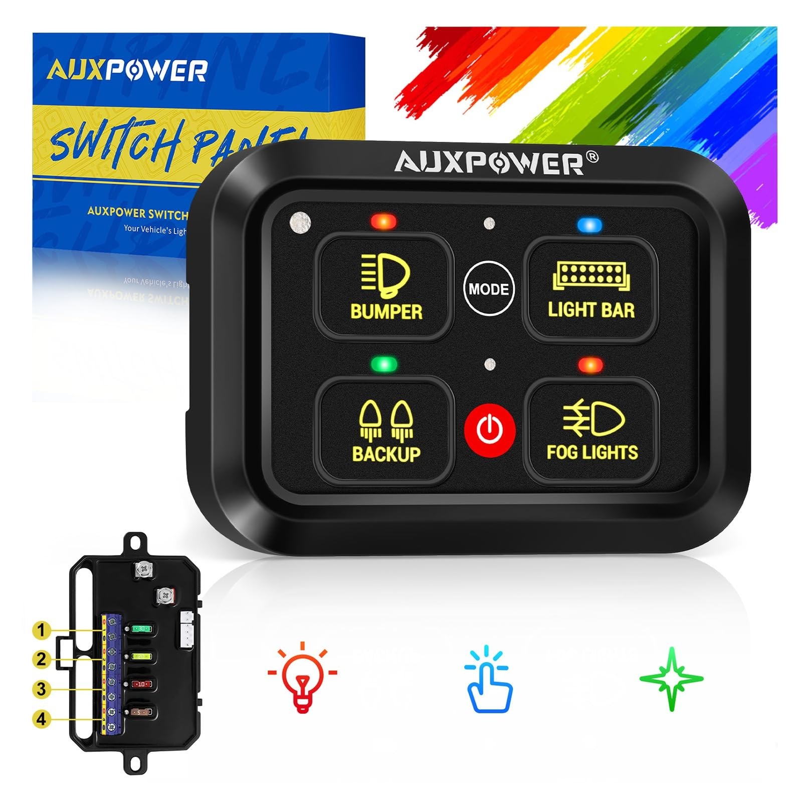 Auxpower RGB 4 Gang Switch Panel A24 Auxiliary Switch Panel with Relays Box 3...