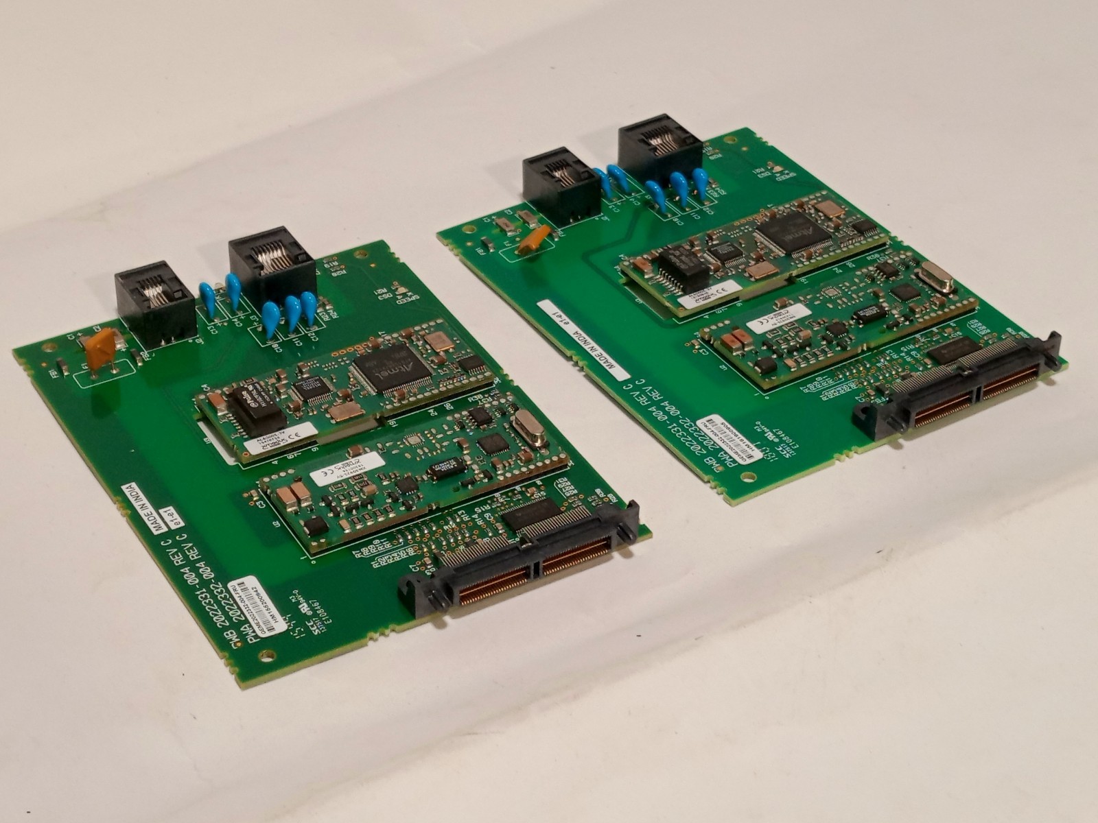 Lot of 2 Xmodus AL6000S-3V Ethernet boards, dual RJ45, PWA 2022332-004, As shown