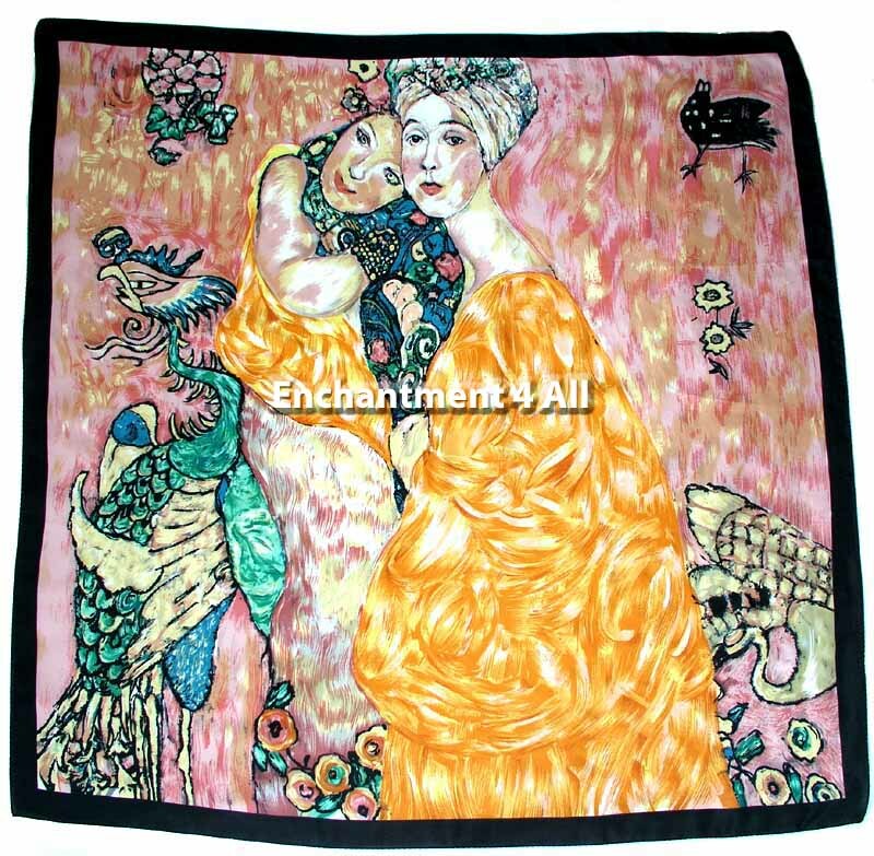Large Art Silk Square Scarf Wrap w/ Gustav Klimt's Oil Painting "Women Friends"