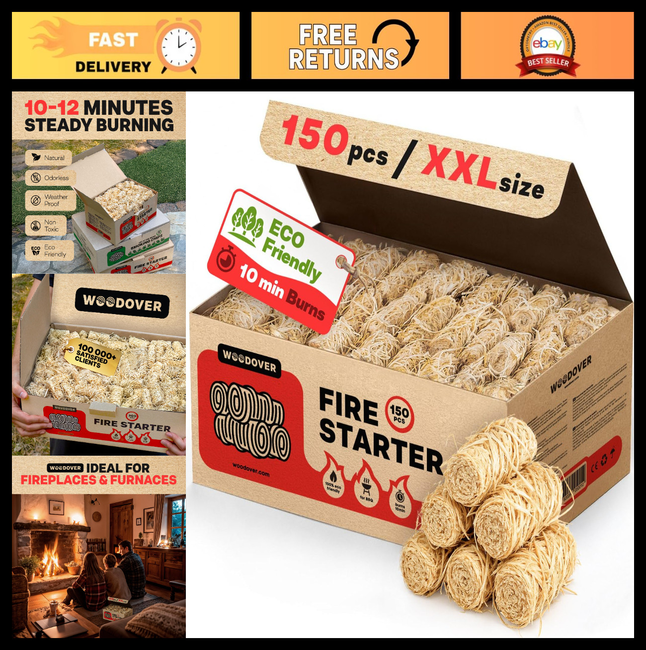150 Pcs Natural Fire Starters for Fireplace, Campfires, BBQ, Grill & Outdoor Use